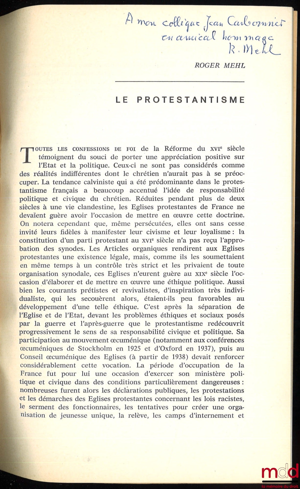 MEHL (Roger) – LE PROTESTANTISME, extrait de Forces religieuses et attitudes politiques dans la France contemporaine, Cahier 130 de la Fondation nationale des sciences politiques