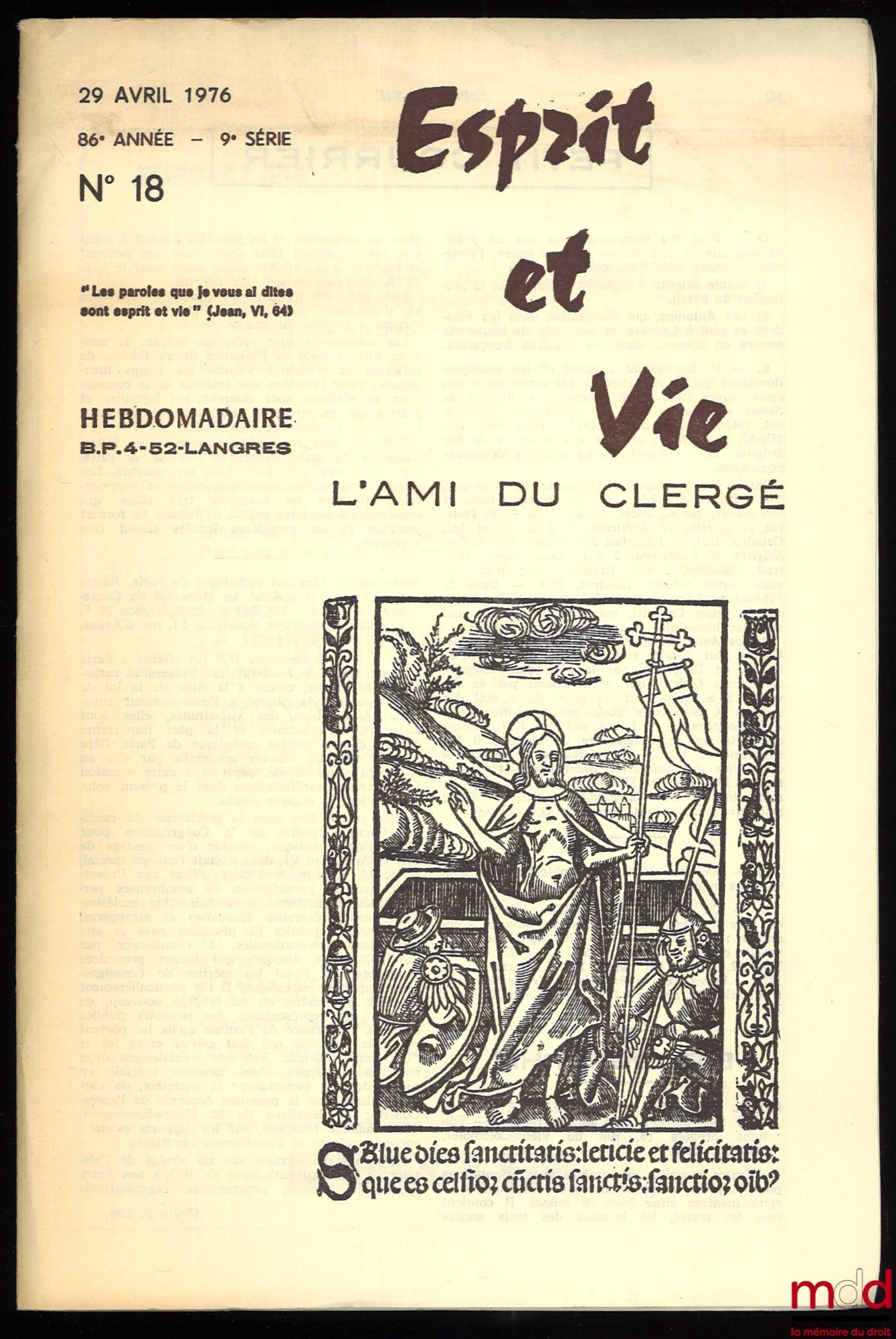 NAUROIS (Louis de) – RELIGIOUS AND CIVIL MARRIAGE, Esprit et Vie / L'Ami du clergé, no. 18, April 29, 1976