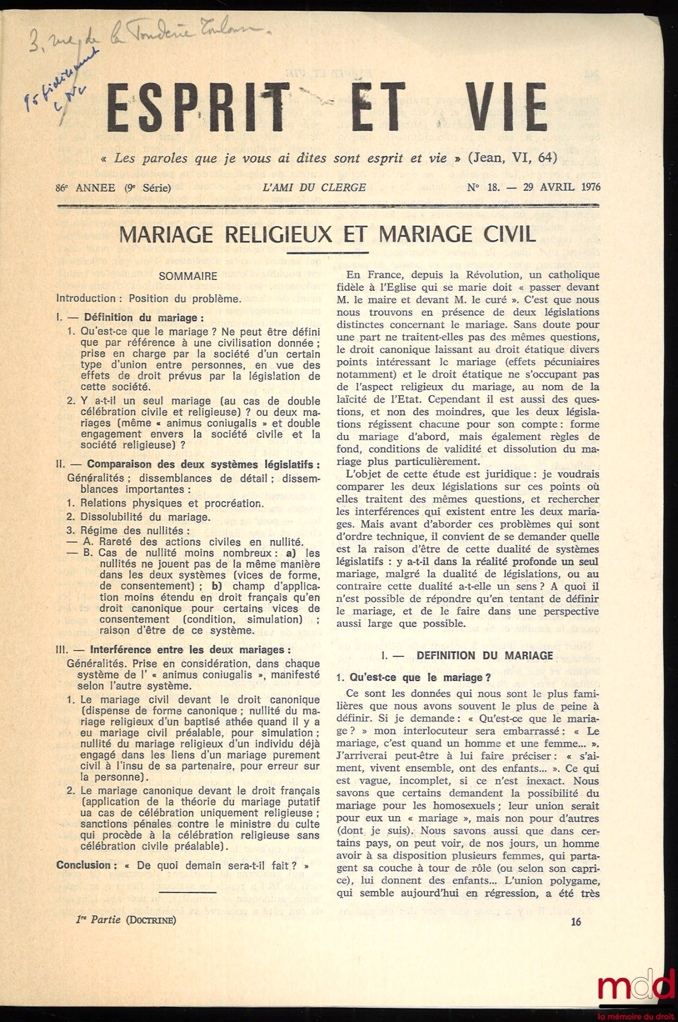 NAUROIS (Louis de) – RELIGIOUS AND CIVIL MARRIAGE, Esprit et Vie / L'Ami du clergé, no. 18, April 29, 1976