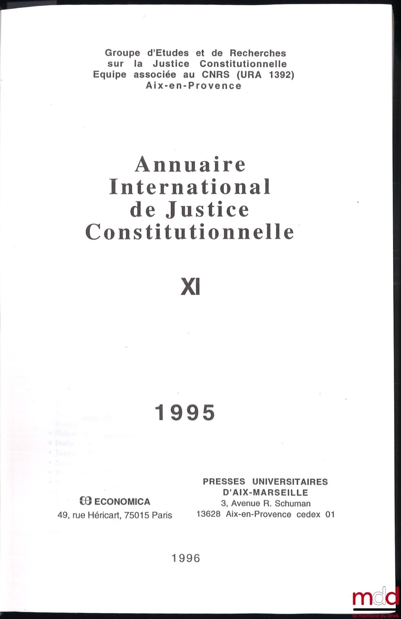[Collectif] – ANNUAIRE INTERNATIONAL DE JUSTICE CONSTITUTIONNELLE, vol. XI, 1995 par le Groupe d’Études et de Recherches sur la Justice Constitutionnelle (GERJC) Aix-en-Provence