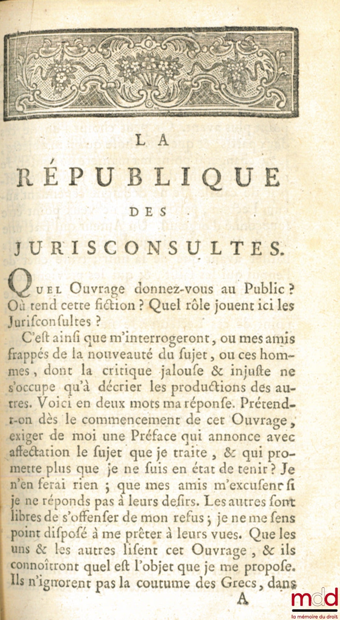 GENNARO (Giuseppe Aurelio Di) – LA RÉPUBLIQUE DES JURISCONSULTES, Ouvrage de M. Gennaro célébre Avocat Napolitain. Traduit par M. L’Abbé Dinouart