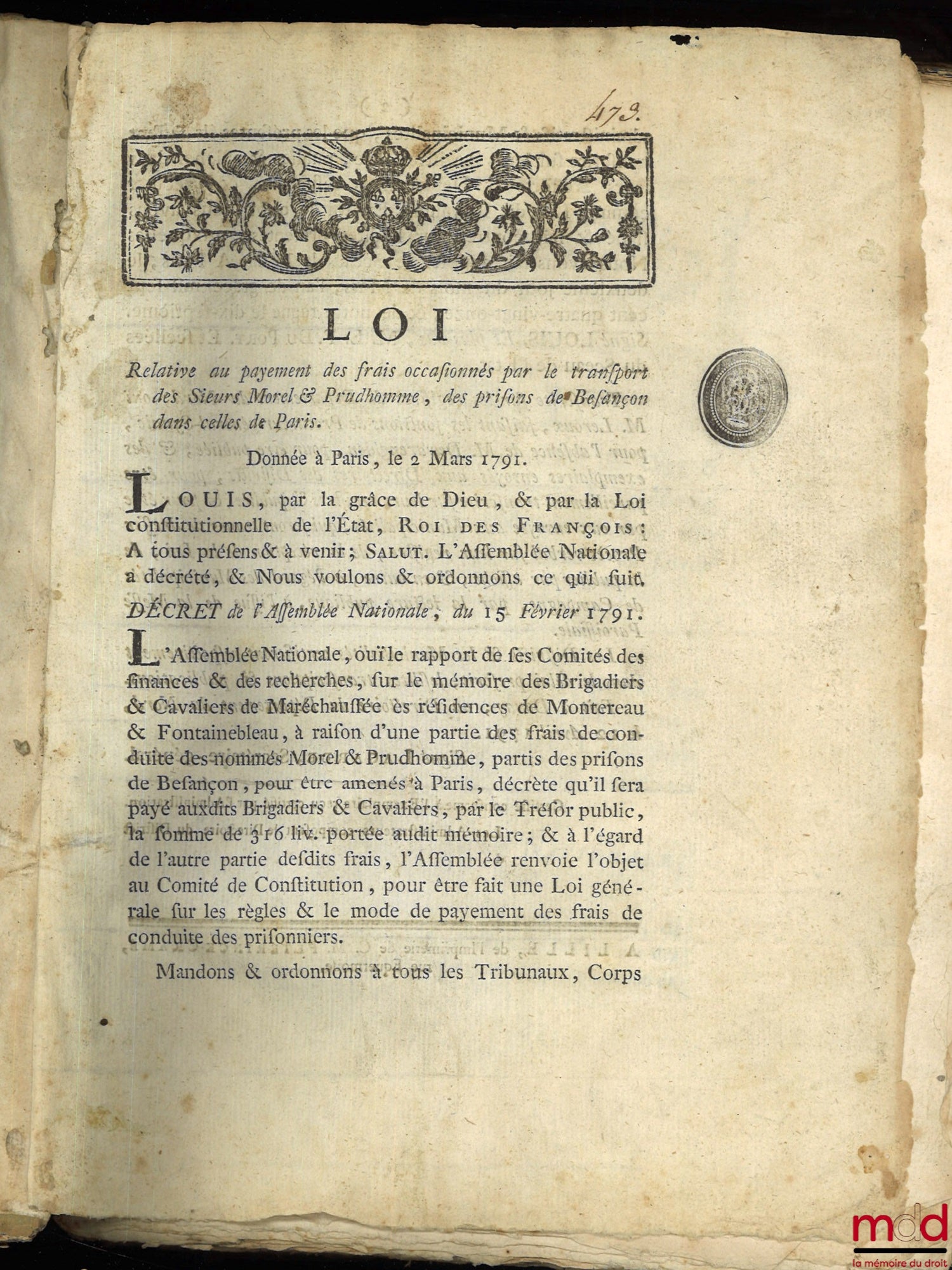 [Révolution] – RECUEIL DE LOIS, PROCLAMATIONS DU ROI ET DE LA LETTRE PASTORALE DE MONSIEUR L’ÉVÊQUE DU DÉPARTEMENT DU NORD D 2 MARS AU 27 AVRIL 1791