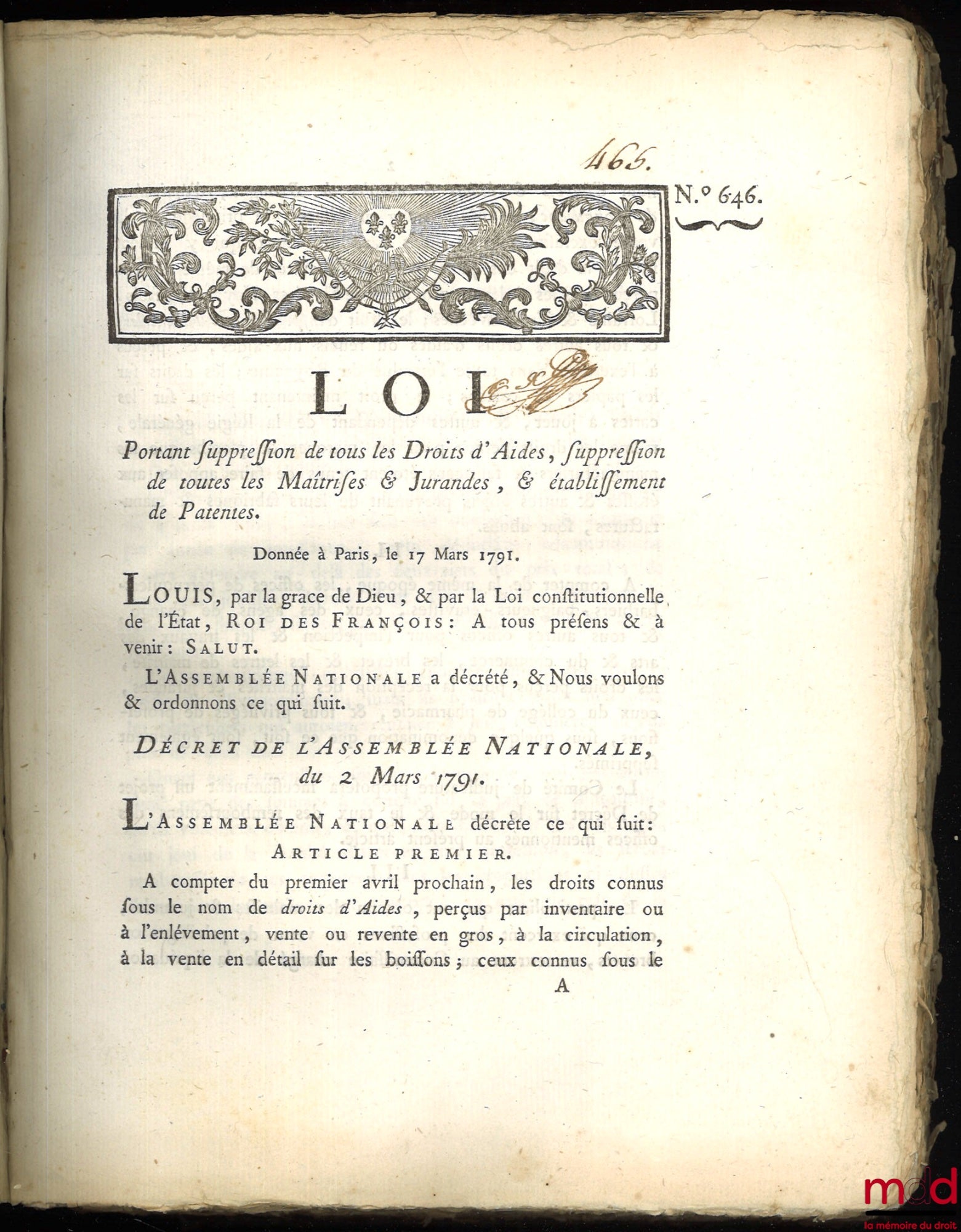 [Révolution] – RECUEIL DE LOIS, PROCLAMATIONS DU ROI ET DE LA LETTRE PASTORALE DE MONSIEUR L’ÉVÊQUE DU DÉPARTEMENT DU NORD D 2 MARS AU 27 AVRIL 1791