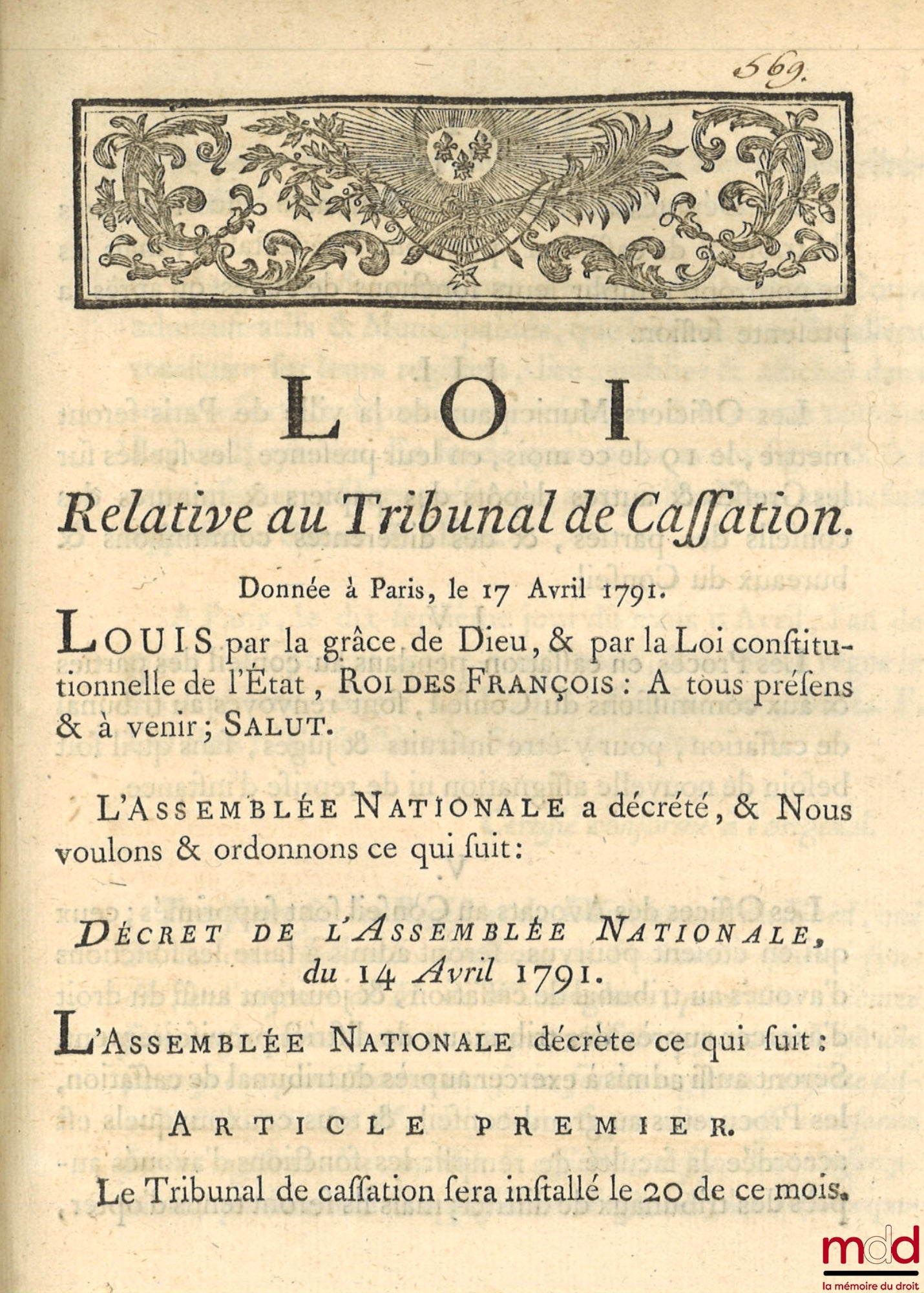 [Révolution] – RECUEIL DE LOIS, PROCLAMATIONS DU ROI ET DE LA LETTRE PASTORALE DE MONSIEUR L’ÉVÊQUE DU DÉPARTEMENT DU NORD D 2 MARS AU 27 AVRIL 1791