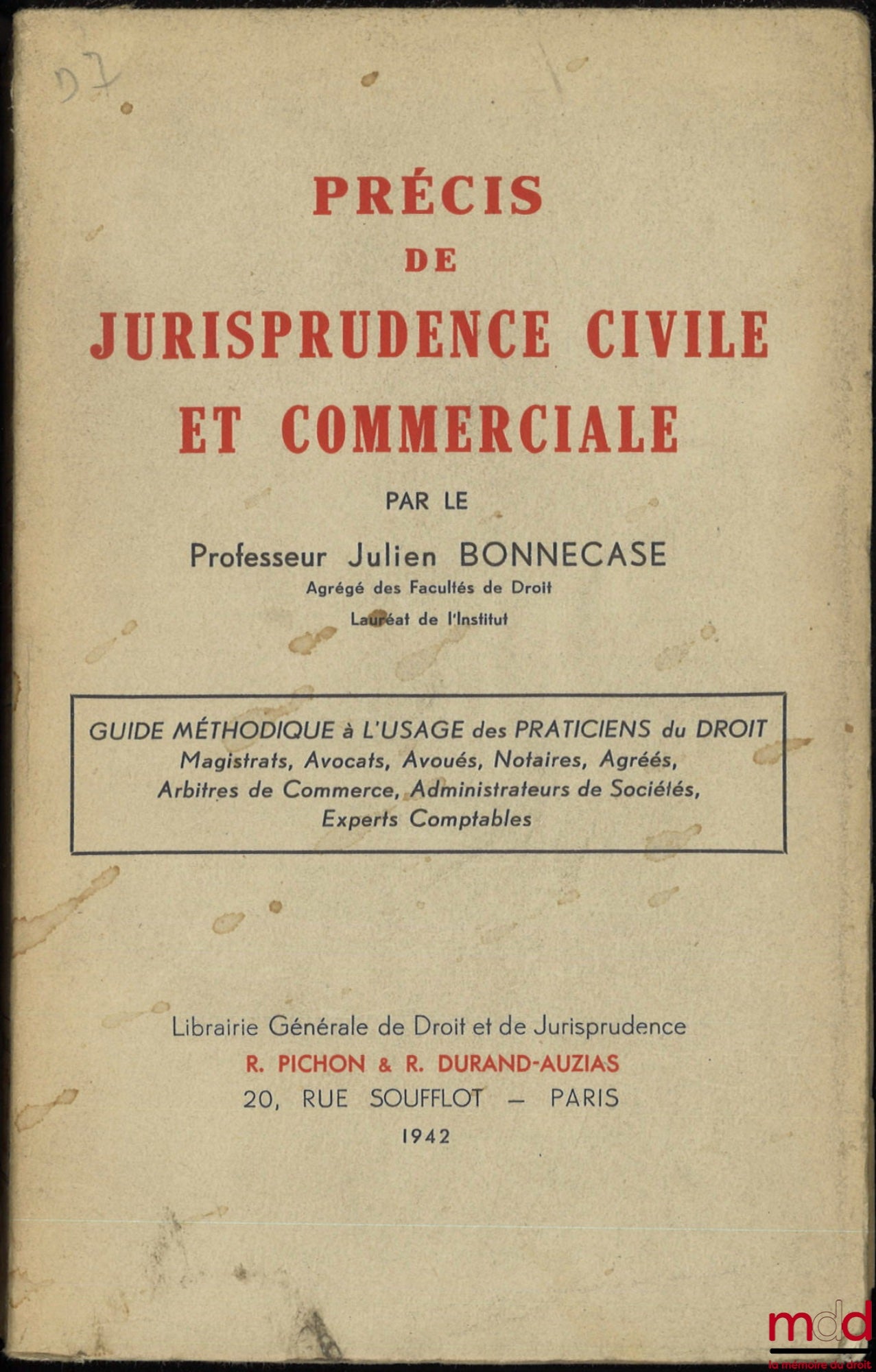 BONNECASE (Julien) – PRÉCIS DE JURISPRUDENCE CIVILE ET COMMERCIALE