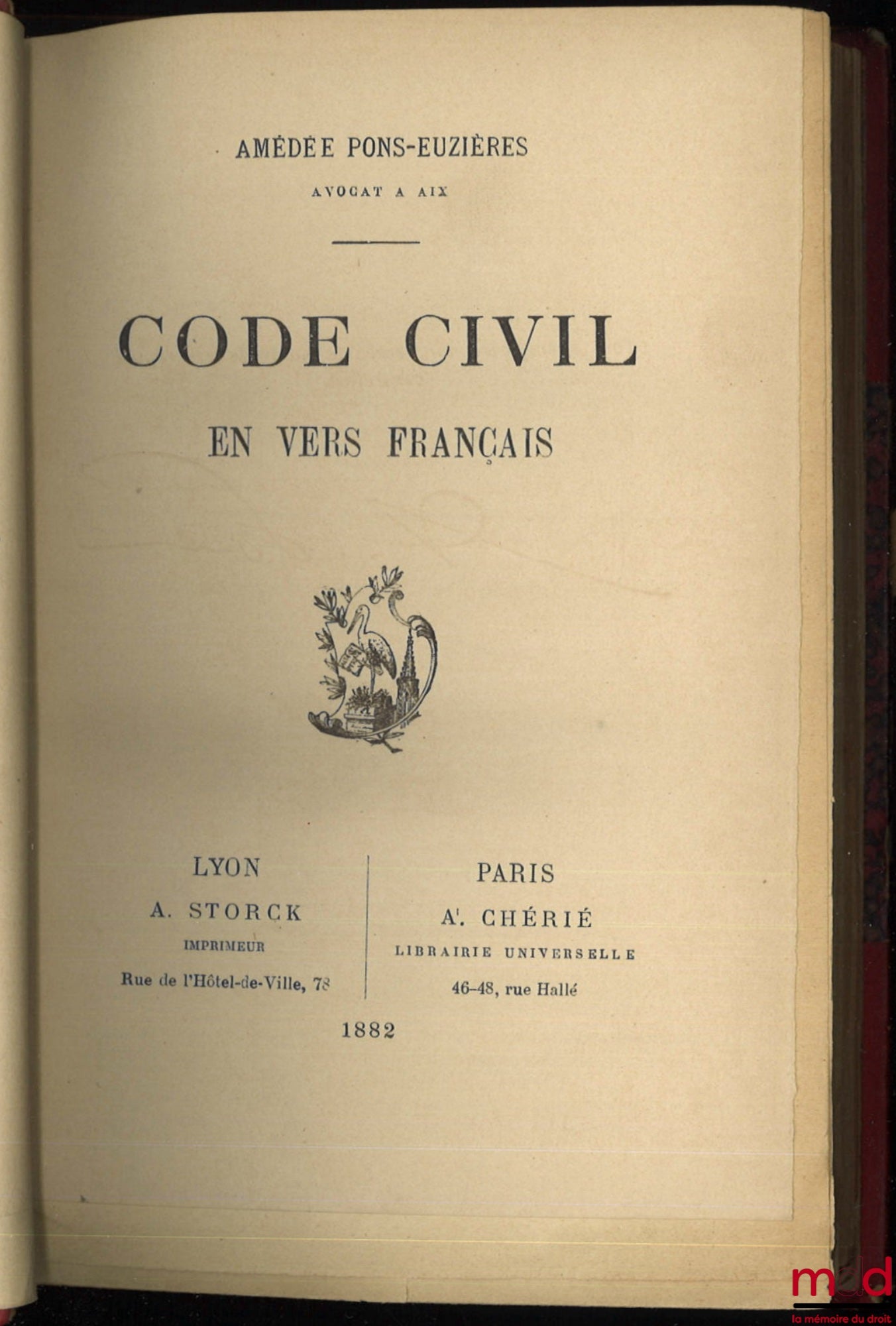 [Code civil], PONS-EUZIÈRES (Amédée) – CODE CIVIL EN VERS FRANÇAIS