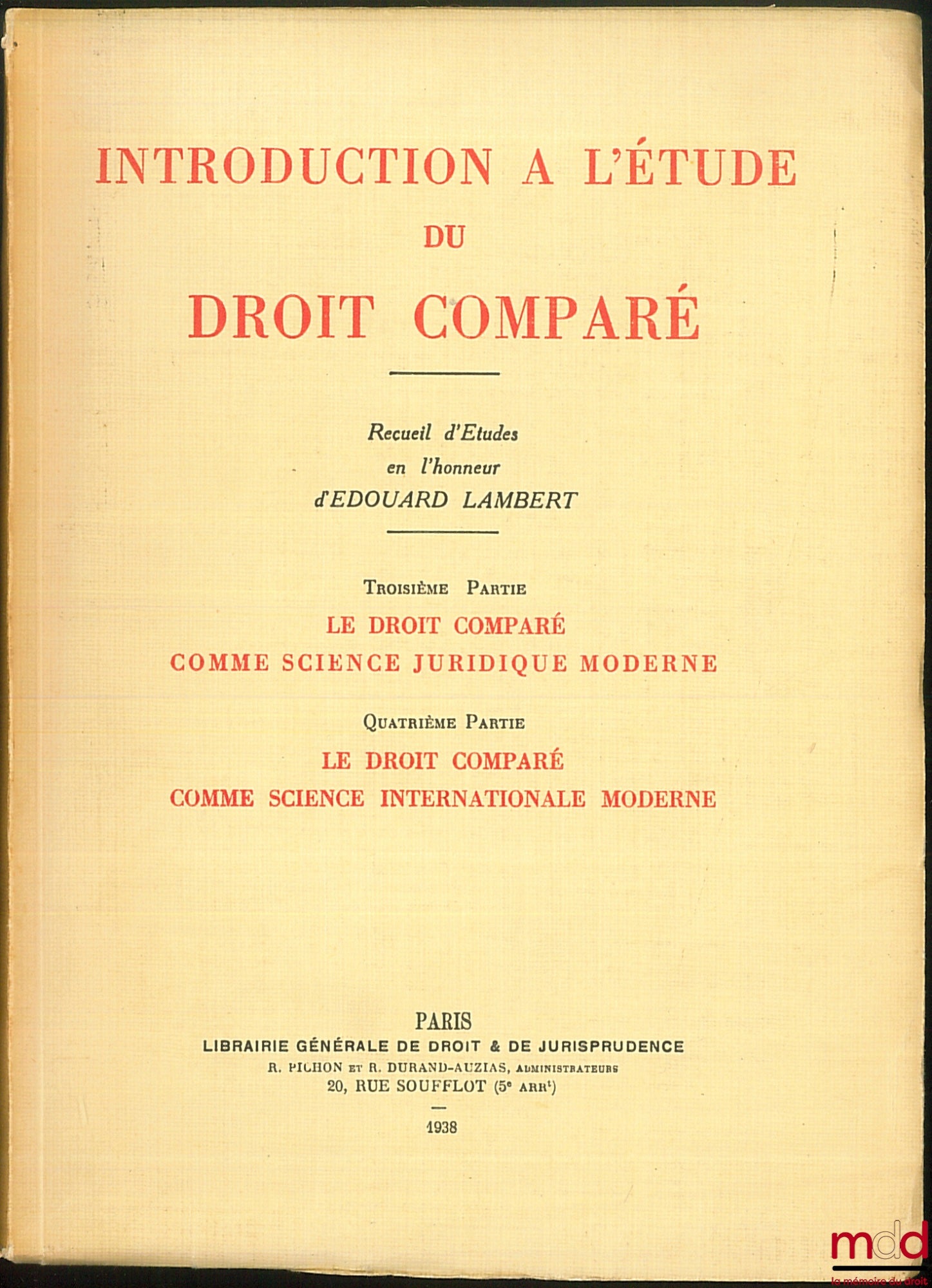 [Mélanges Lambert (Édouard)] – INTRODUCTION À L’ÉTUDE DU DROIT COMPARÉ, Recueil d’études en l’honneur d’Edouard Lambert