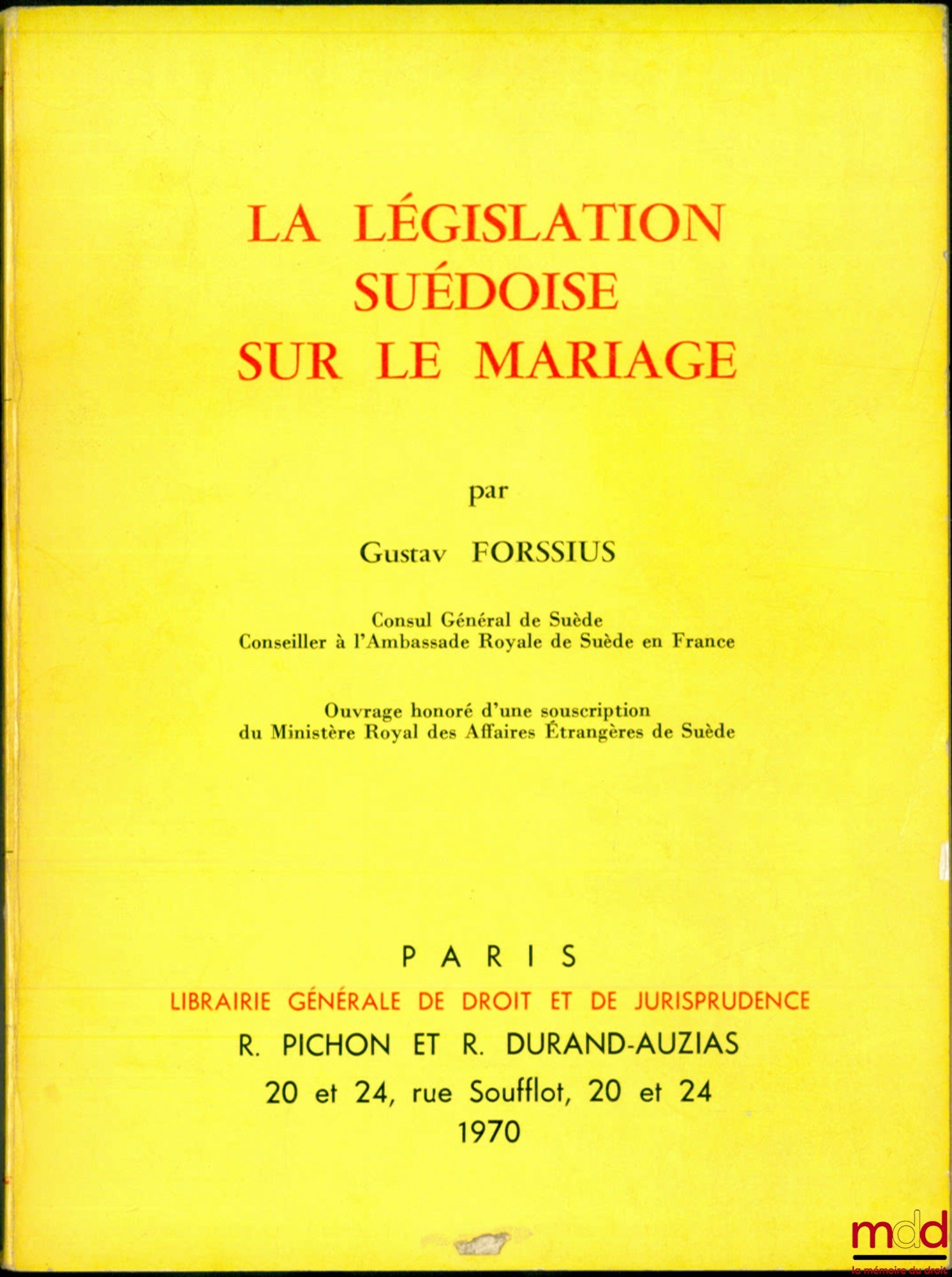 FORSSIUS (Gustav) – SWEDISH MARRIAGE LAW