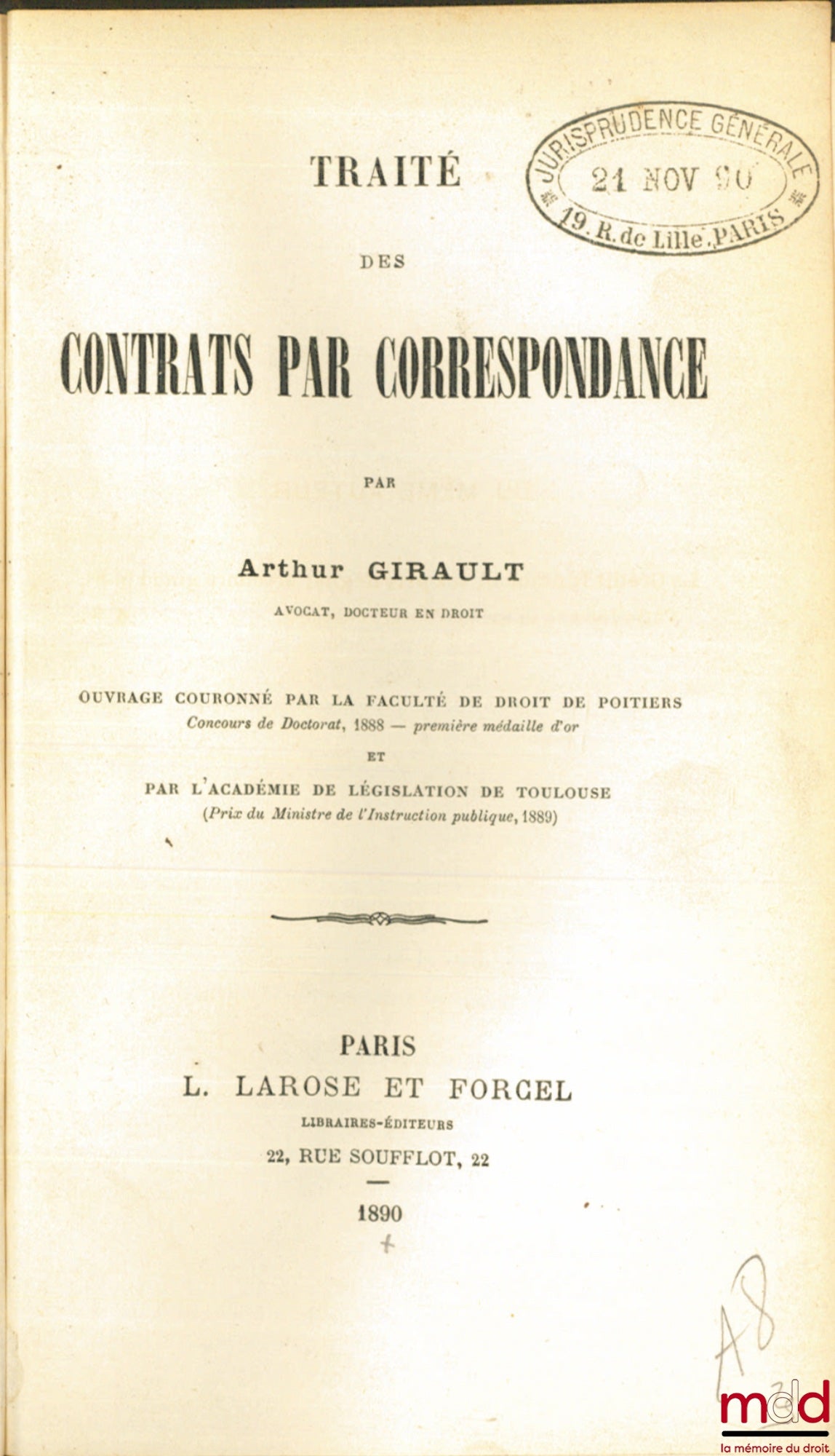 GIRAULT (Arthur) – TREATISE ON CORRESPONDENCE CONTRACTS