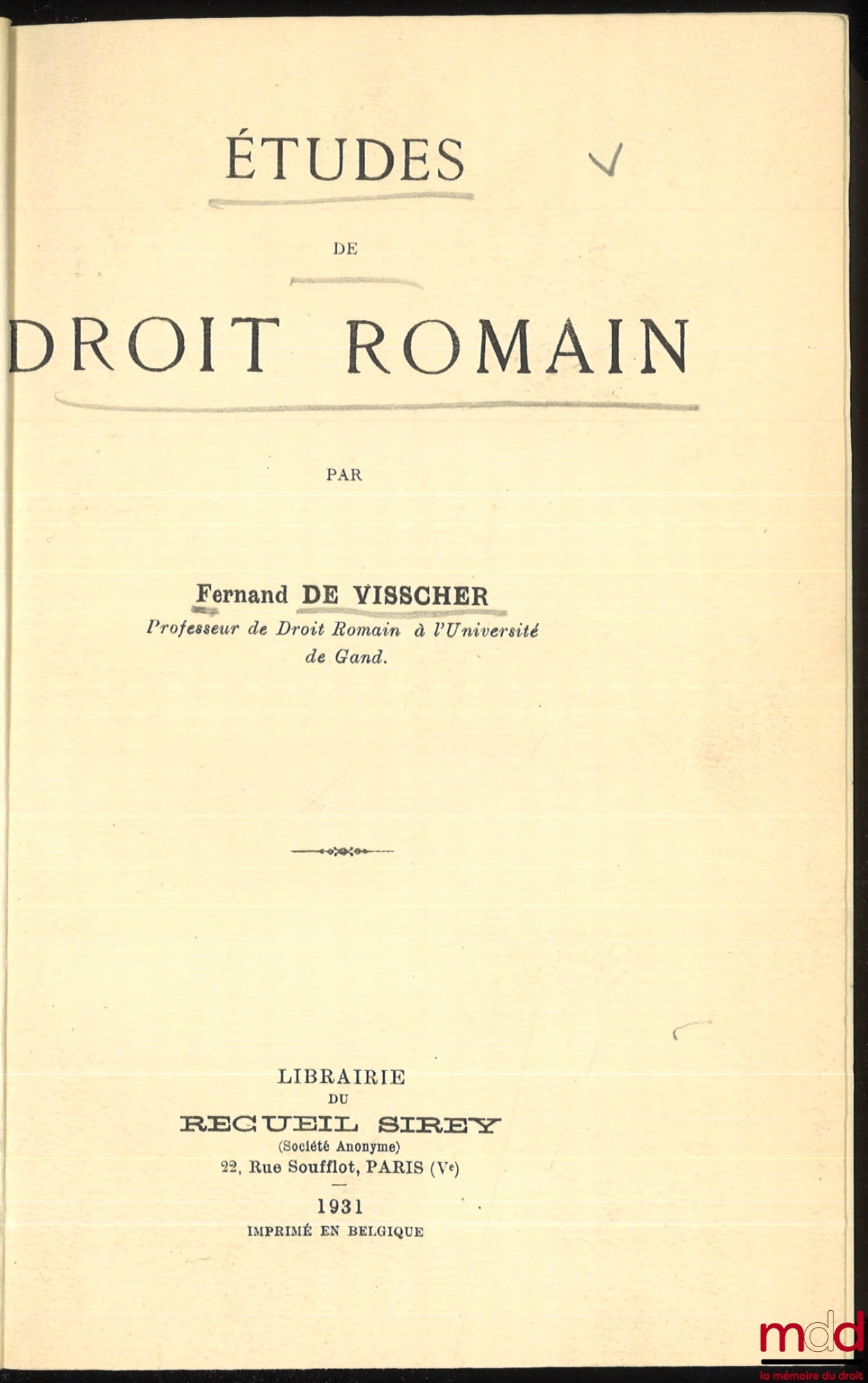 VISSCHER (Fernand de) – ÉTUDE DE DROIT ROMAIN