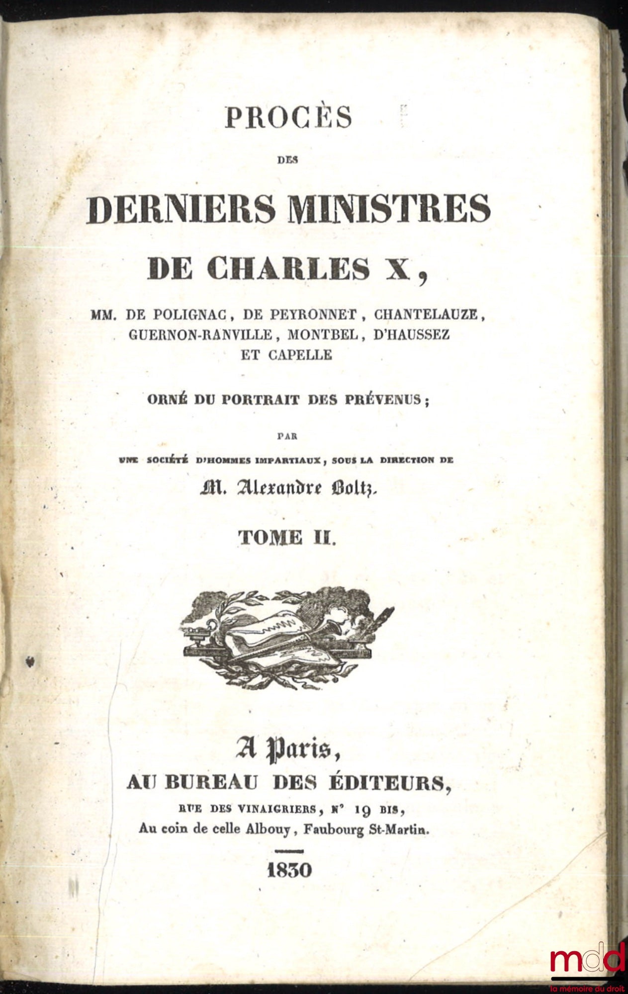 [Procès] – PROCÈS DES DERNIERS MINISTRES DE CHARLES X. Orné du portrait des prévenus, t. II [seul]