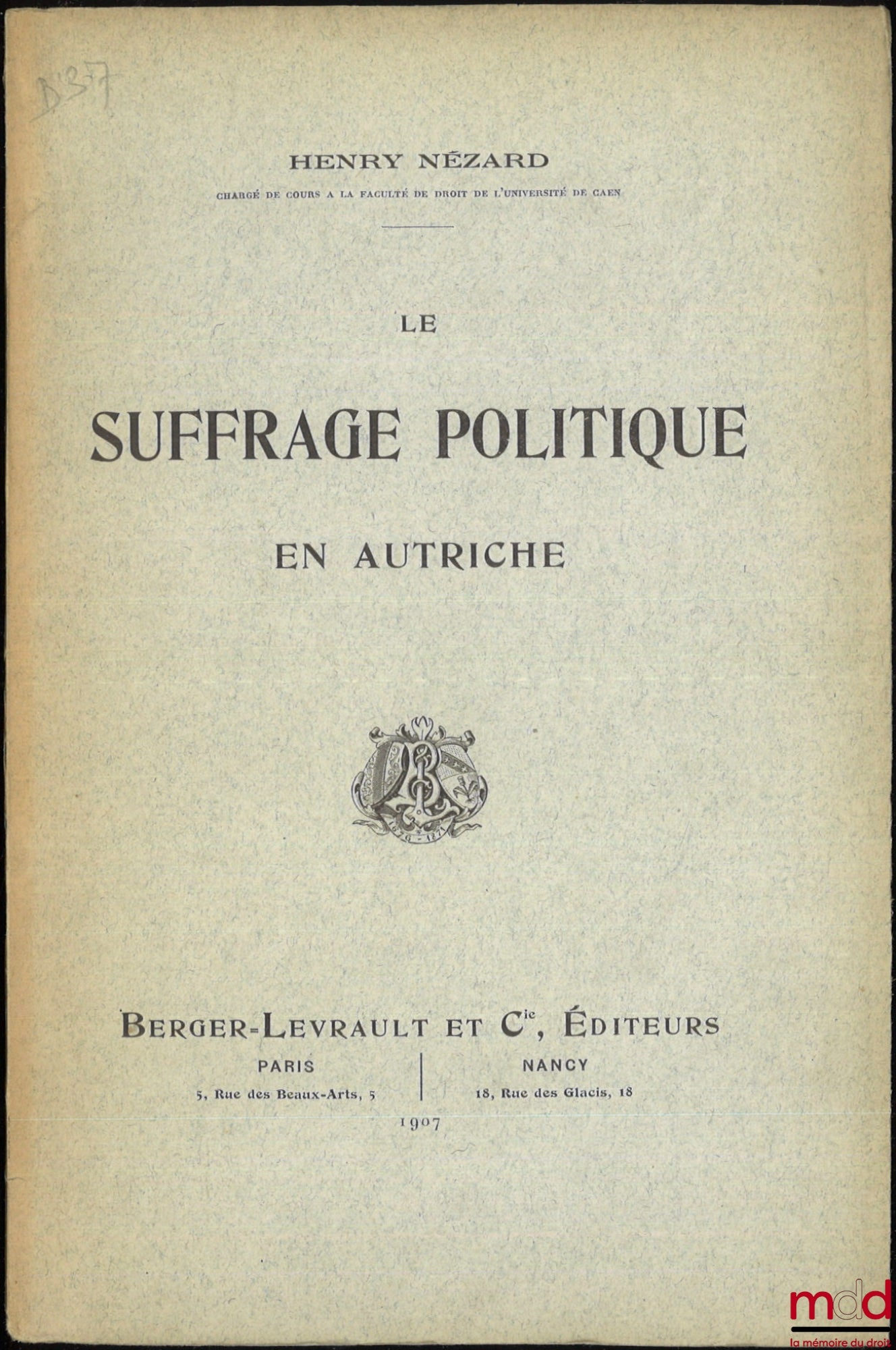 NÉZARD (Henry) – LE SUFFRAGE POLITIQUE EN AUTRICHE