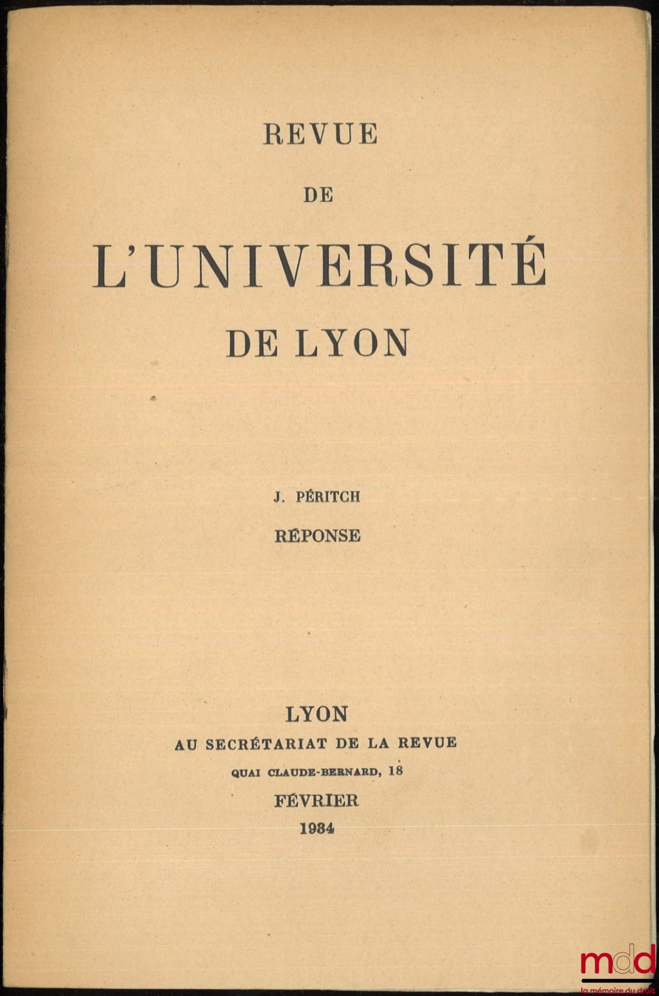 PÉRITCH (Jivoïn) – RÉPONSE, Revue de l’Université de Lyon
