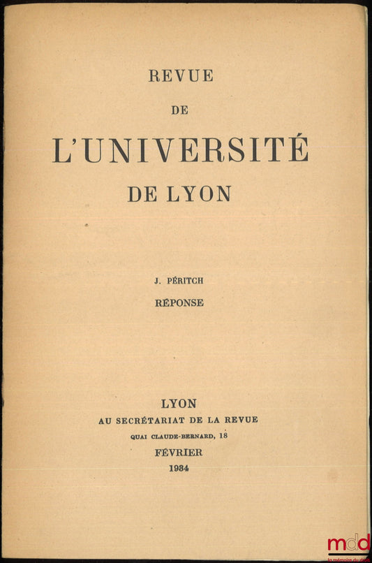 PÉRITCH (Jivoïn) – RÉPONSE, Revue de l’Université de Lyon