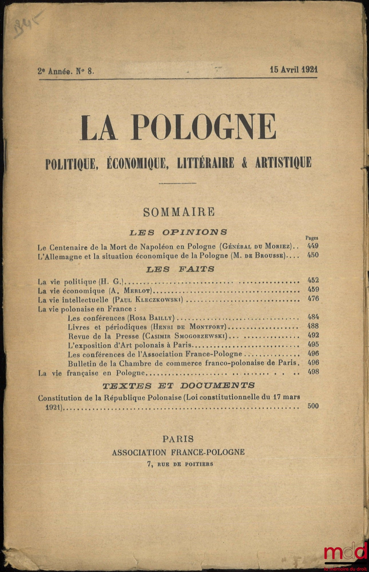 [Revue] – LA POLOGNE, Politique, Économique, Littéraire et Artistique, Bulletin d’Études et d’Informations, 2e Année, n° 8, 15 avril 1921
