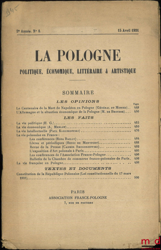 [Revue] – LA POLOGNE, Politique, Économique, Littéraire et Artistique, Bulletin d’Études et d’Informations, 2e Année, n° 8, 15 avril 1921