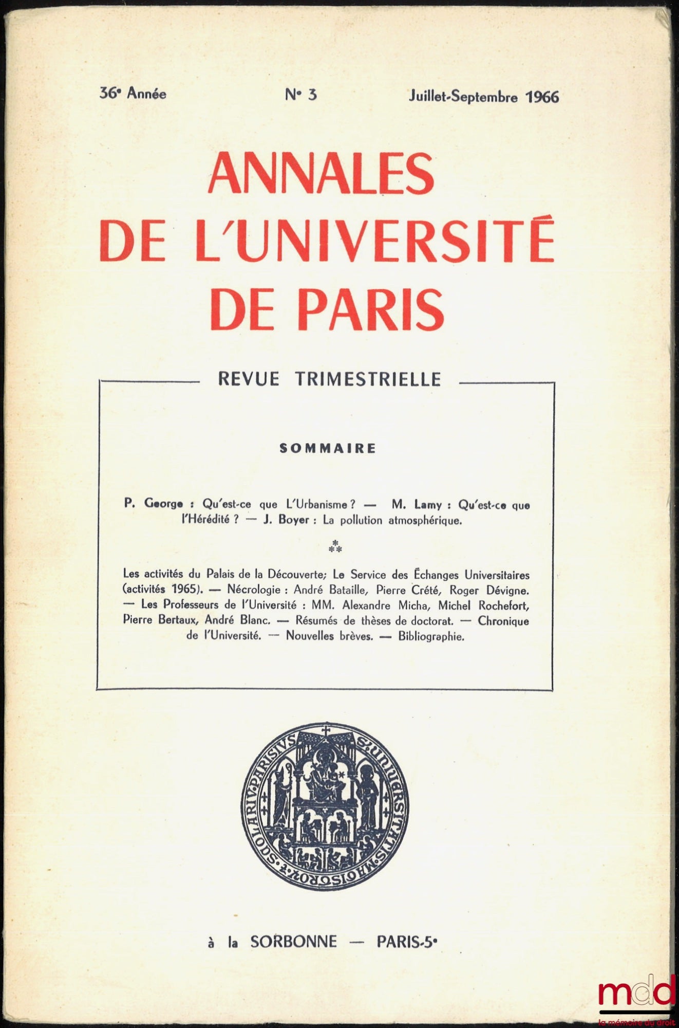 [Revue] – ANNALES DE L’UNIVERSITÉ DE PARIS, 36e Année, n° 3, Juillet-Septembre 1966