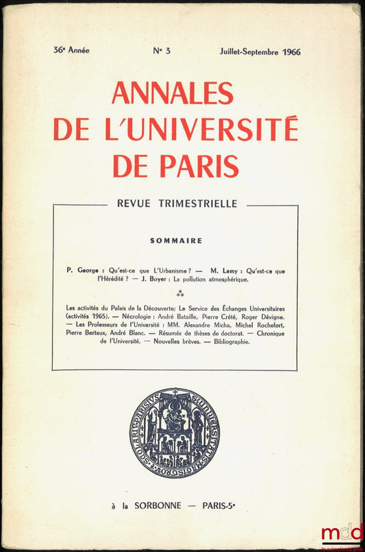 [Revue] – ANNALES DE L’UNIVERSITÉ DE PARIS, 36e Année, n° 3, Juillet-Septembre 1966