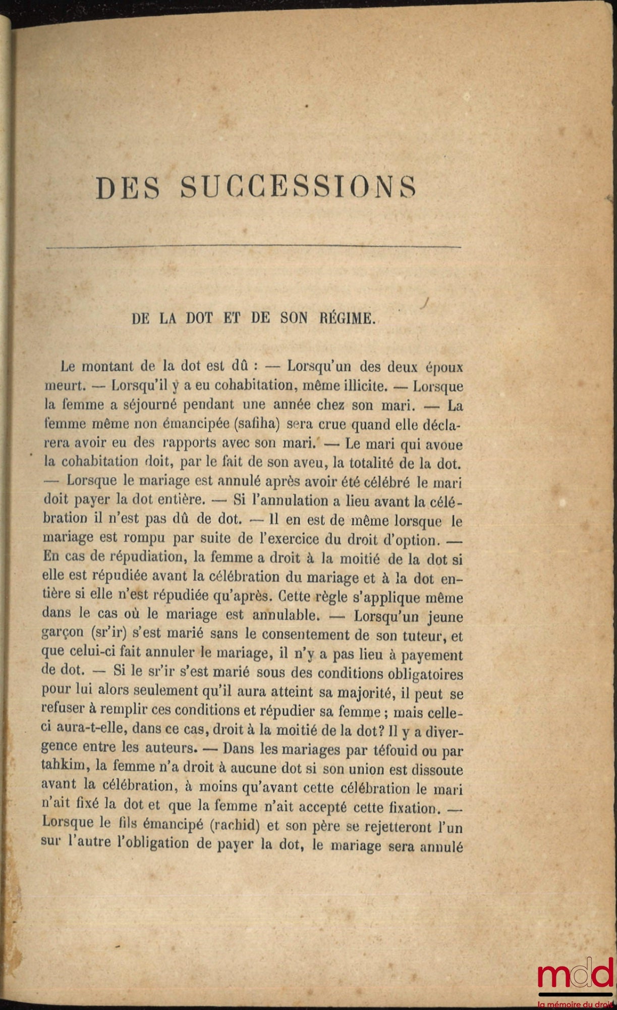 SAUTAYRA (Édouard) et CHERBONNEAU (Eugène) – DU STATUT PERSONNEL ET DES SUCCESSIONS, DROIT MUSULMAN [tome II seul]