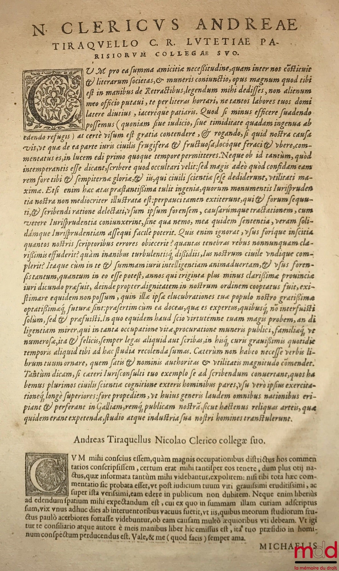 TIRAQUELLI (Andreæ) [TIRAQUEAU (André)] – REGII IN CURIA PARISIENSI SENATORIS. t. I : DIGNISSIMI, OPERA OMNIA, Quæ hactenus extant, Septem Tomis distincta : quorum hic Primus continet libros, DE NOBILITATE, ET IURE PRIMIGENIORUM, IAM DENVO RECUSA, ET A PL