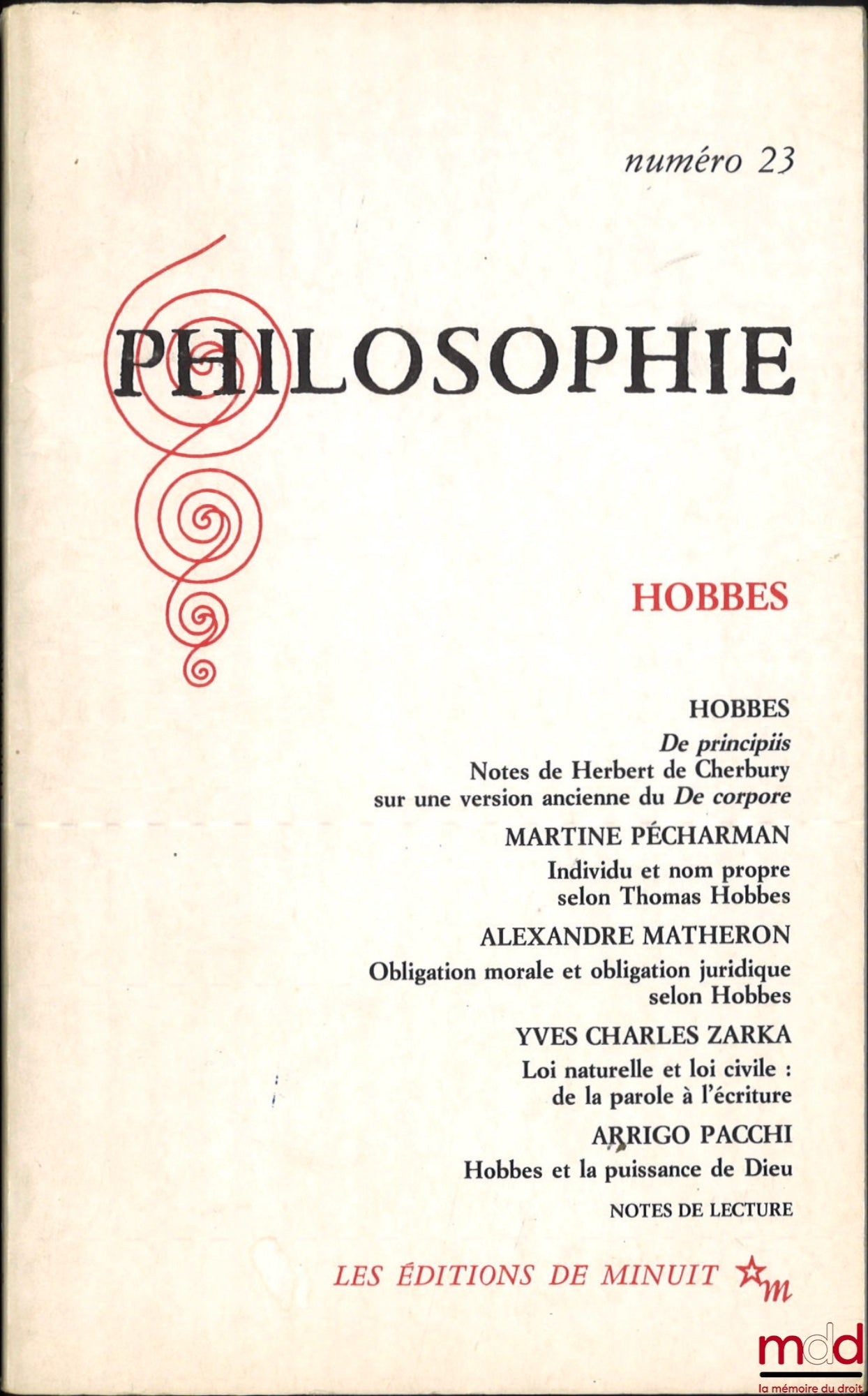 [Revue Philosophie] – HOBBES. De principiis, Notes de Herbert de Cherbury sur une version ancienne du De corpore, Revue trimestrielle n° 23 été 1989