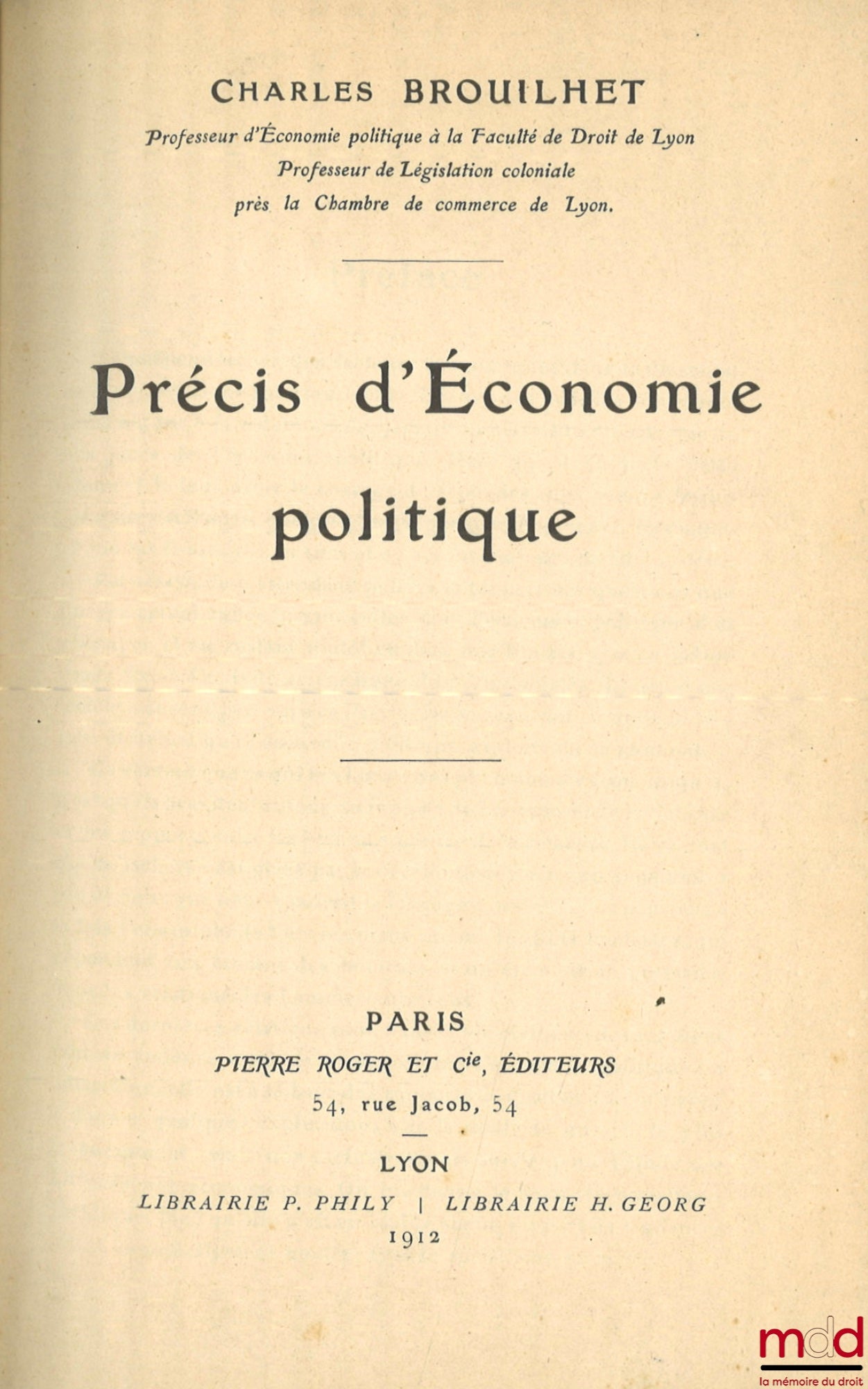 BROUILHET (Charles) – PRÉCIS D’ÉCONOMIE POLITIQUE