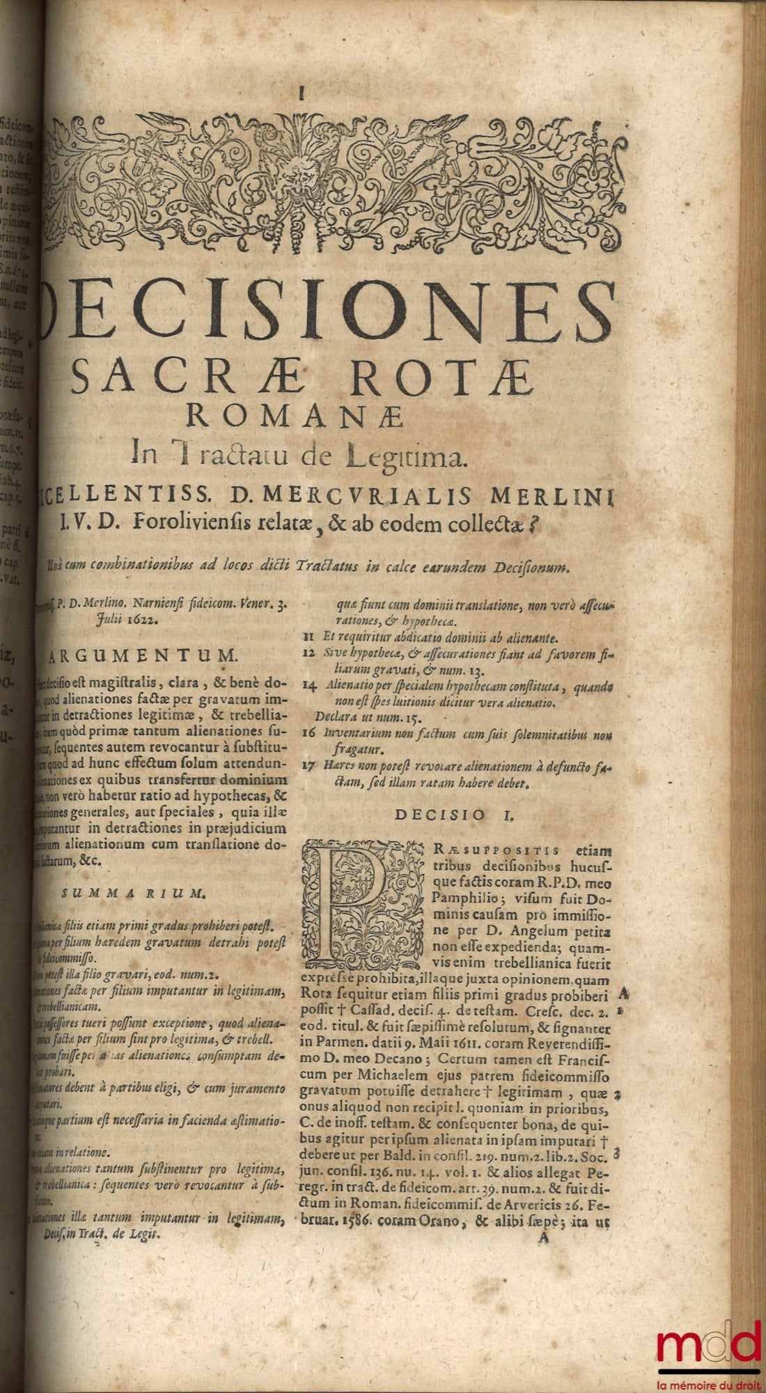 MERLINUS (Mercurialis) [MERLINI (Mercuriale)] – TRACTATUS DE LEGITIMA ABSOLUTISSIMUS, MERCURIALI MERLINO I. U. D. & Patritio Foroliviensi Authore, UNA CUM DECISIONIBUS MAGISTRALIBUS Sacræ Rotæ Romanæ, haxtenus non impressis, in eodem relatis. Nec non Comb