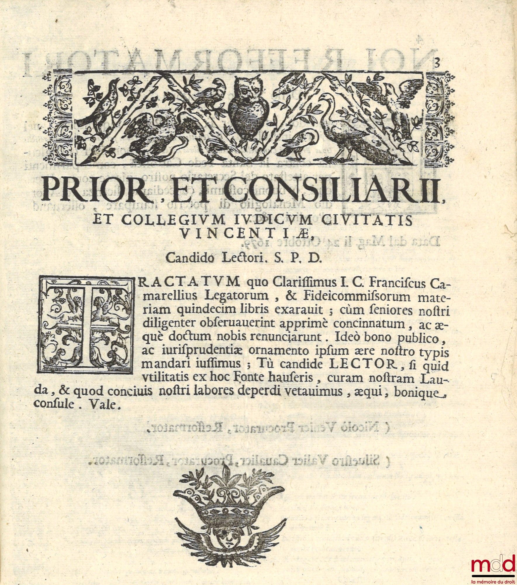 CAMARELÆ (Francisci) CAMARELLI (Francesco) – DE LEGATIS ET SINGULIS REBUS PER FIDEICOMMISSUM RELICTIS, Libris quindecim exaratum, in foro ; et scholis professoribus Perutile, ac necessarium. Cum indice locupletissim. Collegii judicum Vincentiae Cura et Ær