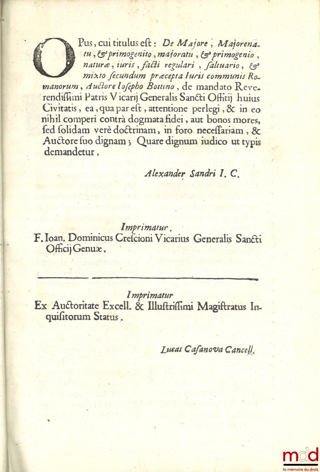 BOTTINO (Josepho) [BOTTINI (Giuseppe)] – De maiorenatu maiore, et primogenito maioratu, et primogenio naturæ, iuris, facti regulari, saltuario, et mixto secundum prÆcepta juris communis Romanorum