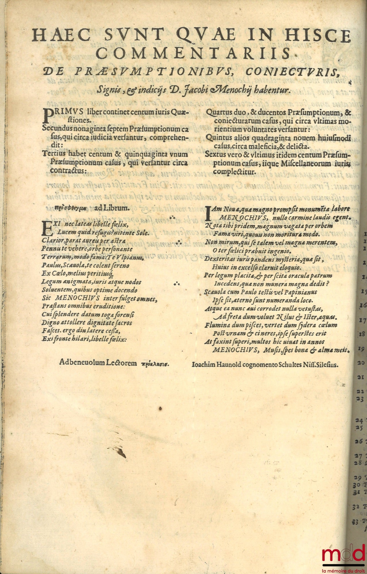 MENOCHII (Iacobi) [MENOCHIO (Giacomo)] – t. I : Iacobi Menochii iuriscons. Papiensis, regii ducalisque senatoris, Ac redituum extraordinariorum Regiæ Maiestatis Catholicæ, Præsidis Mediolanensis, divini atque humani iuris scientia peritissimi. De Præsumpt