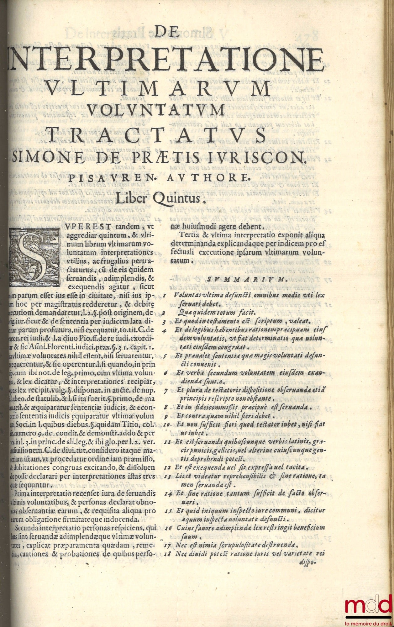 Praetis (Simonis de) [PRAETIS (Simon de)] – SIMONIS DE PRAETIS PACTRICII PISAURENSIS IURISCONSULTISS. DE INTERPRETATIONE ULTIMARUM VOLUNTATUM Libri Tres posteriores HIQUE PARTITI IN PLURES INTERPRETATIONES QUÆ OPPORTUNIS DUBITATIONIB. CONGRUAS Præbent Sol