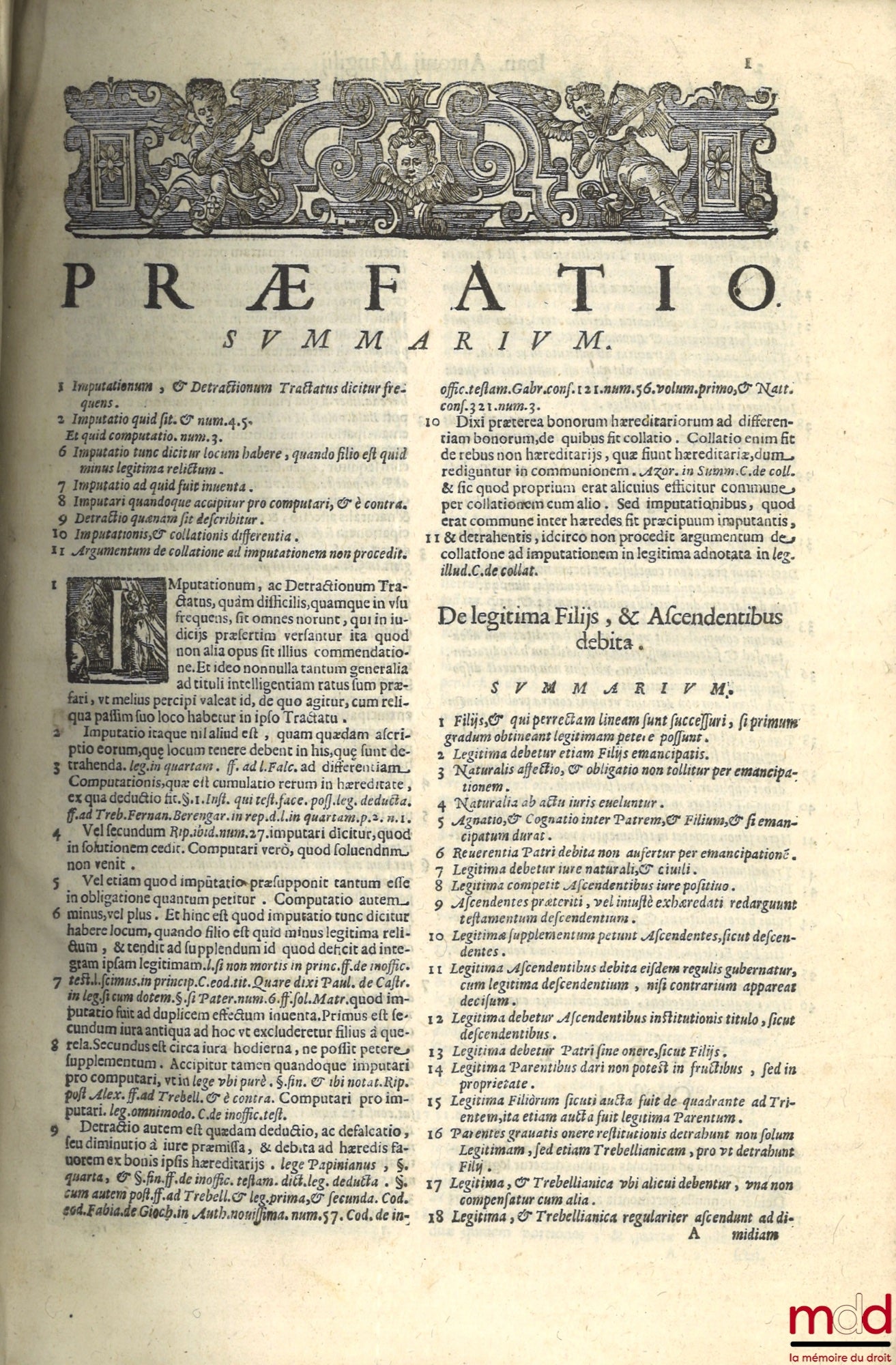 MANGILIO (Ioanne Antonio) [MANGILI (Giovanni Antonio)] – DE IMPUTATIONIBUS, ET DETRACTIONIBUS IN LEGITIMA, TREBELLIANICA, ET alijs Quartis contingentibus bonorum hæreditariorum TRACTATUS IN QUO DIFFICILIORES ET USU FREQUENTIORES Quæstiones explicantur. AU