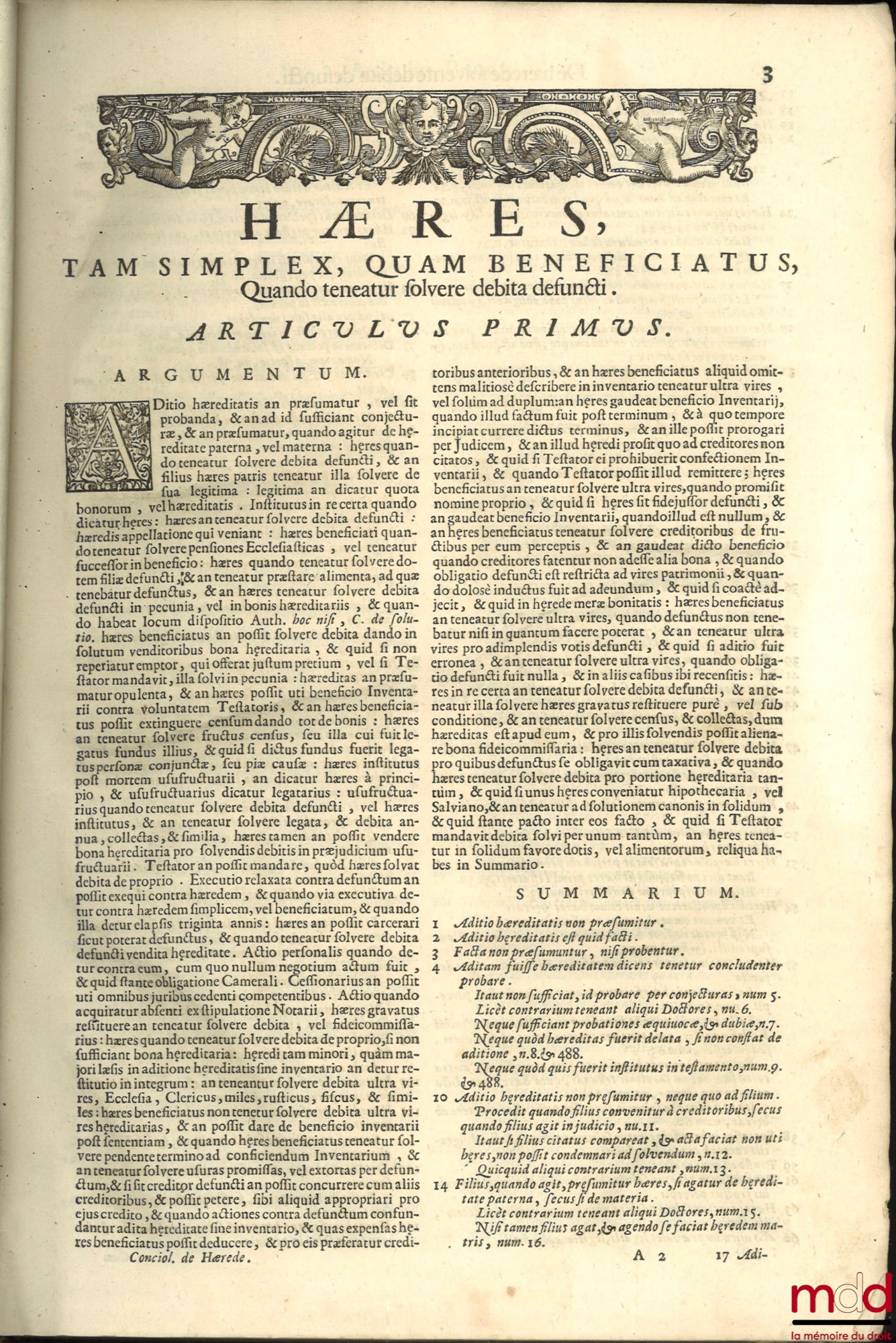 CONCIOLI (Antonii) – ANTONII CONCIOLI TRACTATUS DE HÆREDE TAM SIMPLICI, QUAM BENEFICIATO, Quando teneatur solvere debita defuncti : In quo omnia ferè ad dictam materiam solutionis faciendæ per hæredem pertinentia explicantur, necnon etiam materia, Auth. h