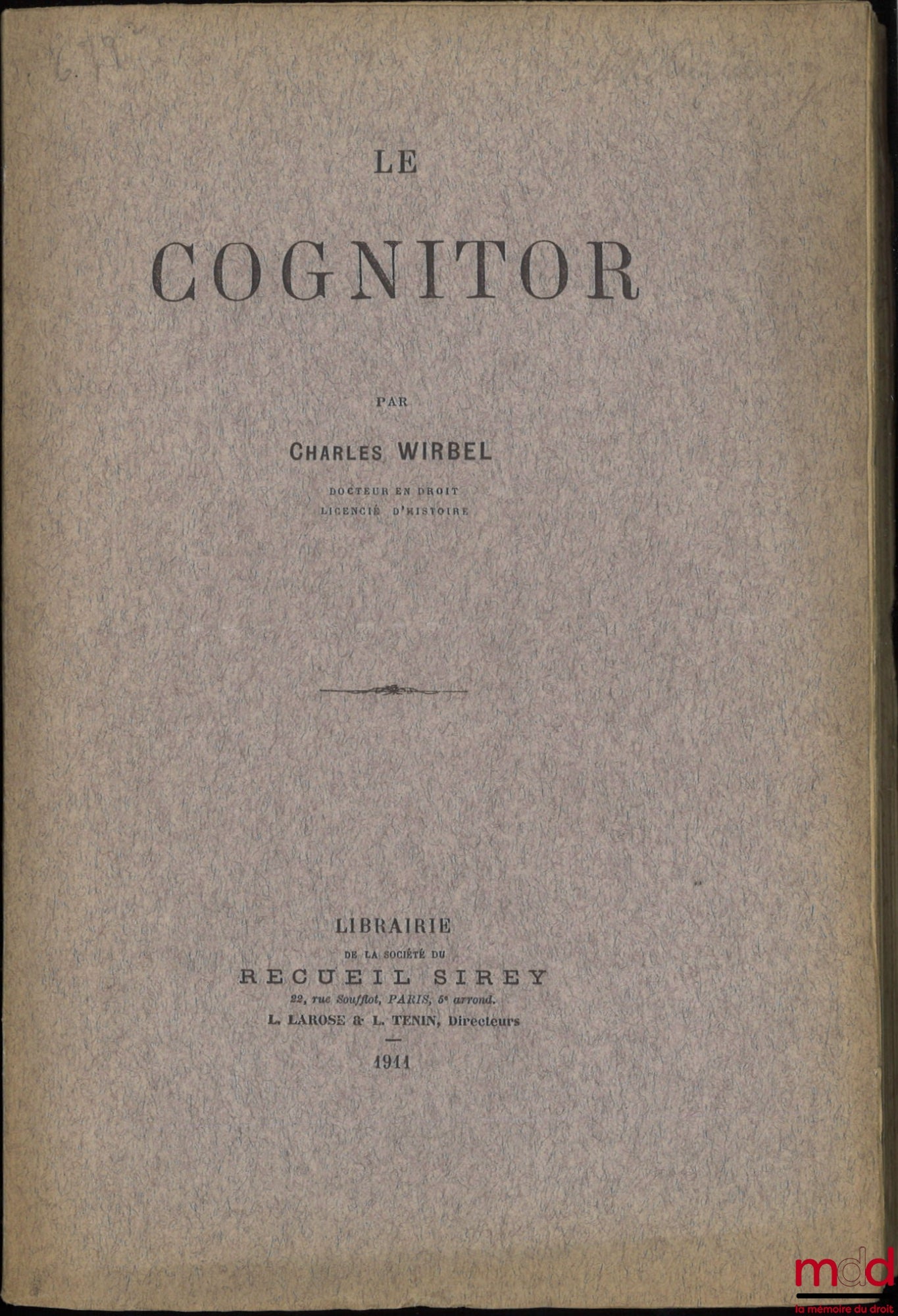 WIRBEL (Charles) – LE COGNITOR