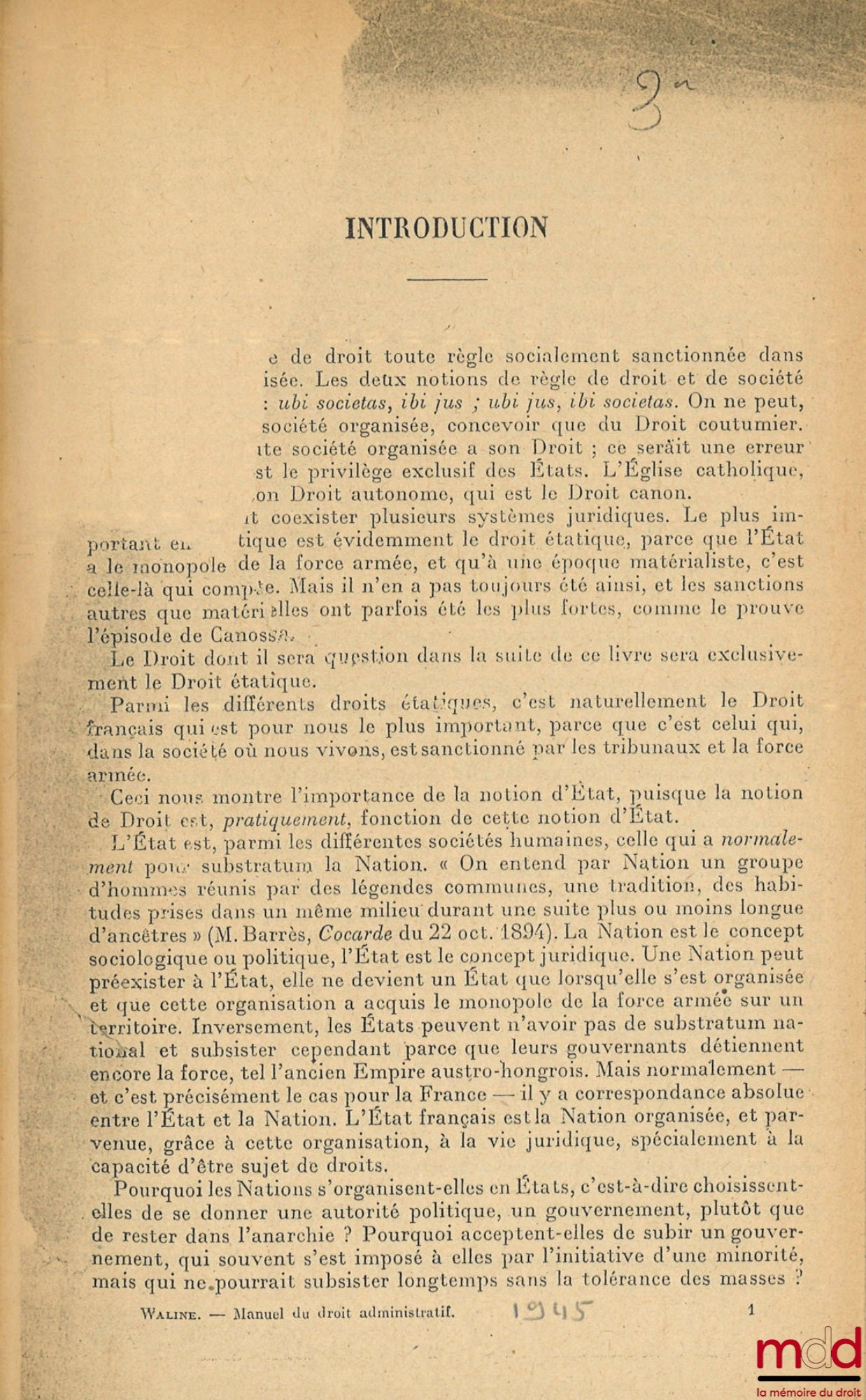 WALINE (Marcel) – MANUEL ÉLÉMENTAIRE DE DROIT ADMINISTRATIF, 3e éd.