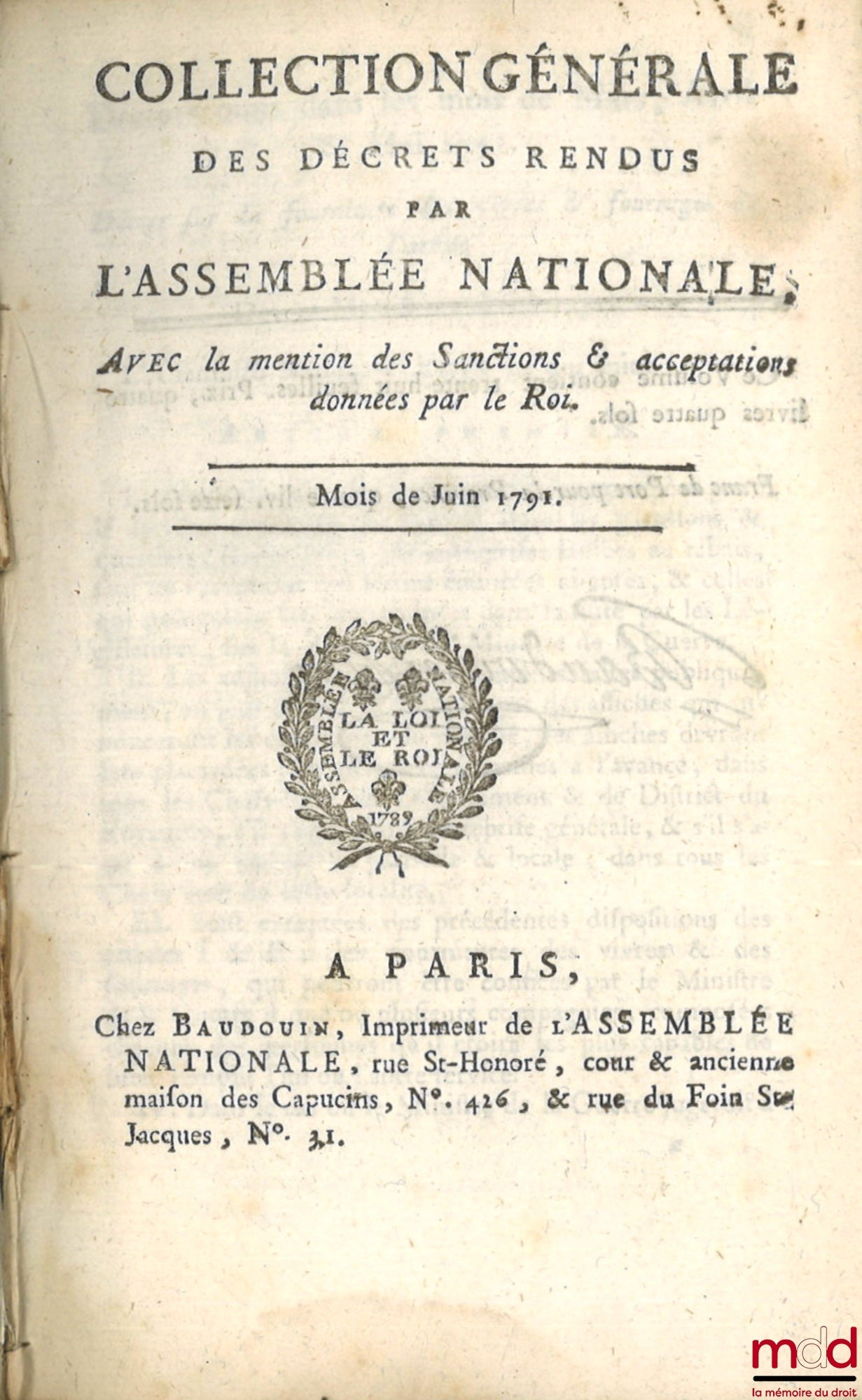[Recueil] – COLLECTION GÉNÉRALE DES DÉCRETS RENDUS PAR L’ASSEMBLÉE NATIONALE. Avec la mention des Sanctions et acceptations données par le Roi, Août 1790 à Juillet 1791