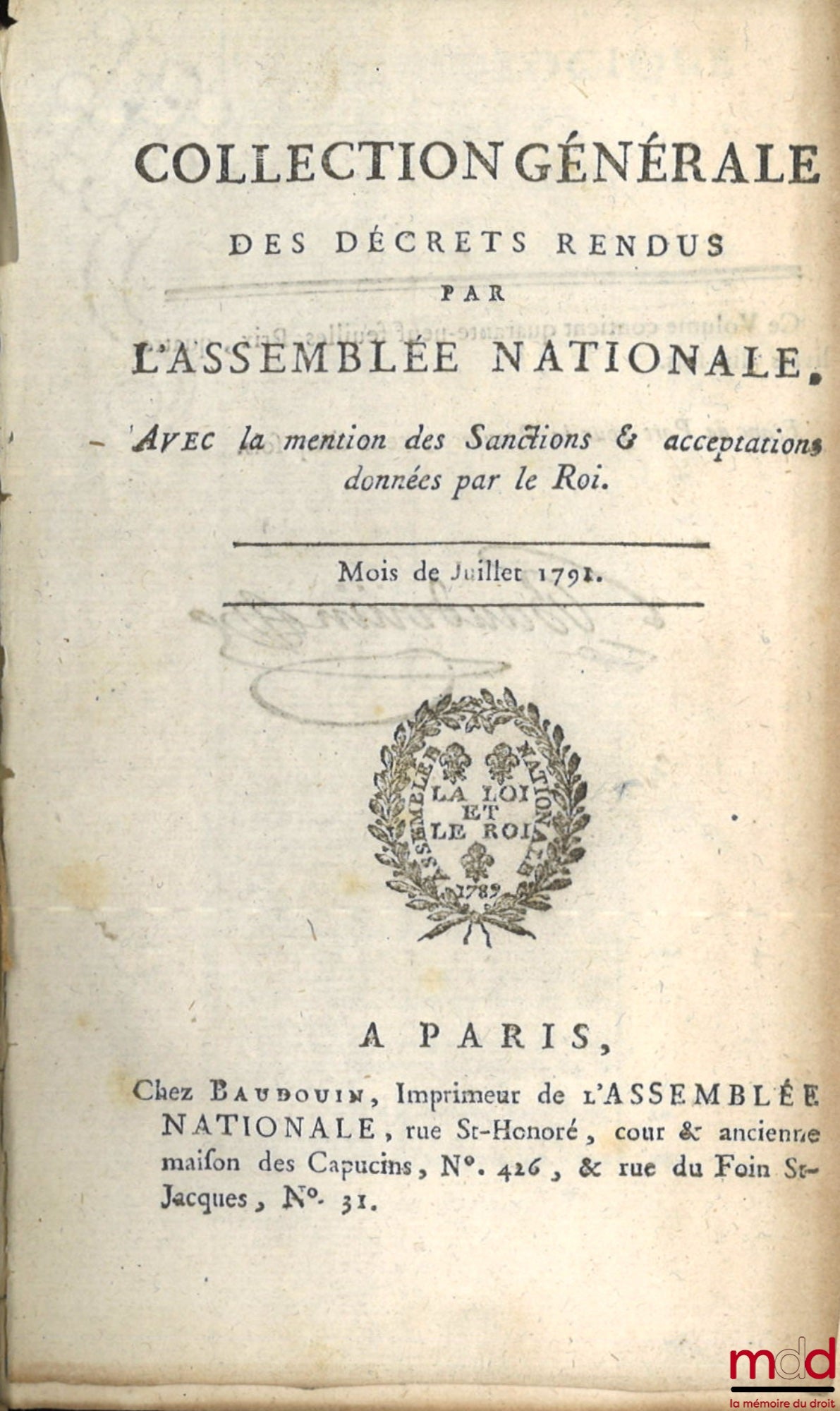 [Recueil] – COLLECTION GÉNÉRALE DES DÉCRETS RENDUS PAR L’ASSEMBLÉE NATIONALE. Avec la mention des Sanctions et acceptations données par le Roi, Août 1790 à Juillet 1791