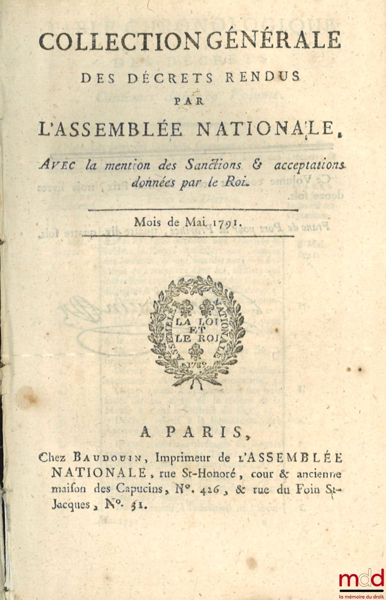 [Recueil] – COLLECTION GÉNÉRALE DES DÉCRETS RENDUS PAR L’ASSEMBLÉE NATIONALE. Avec la mention des Sanctions et acceptations données par le Roi, Août 1790 à Juillet 1791