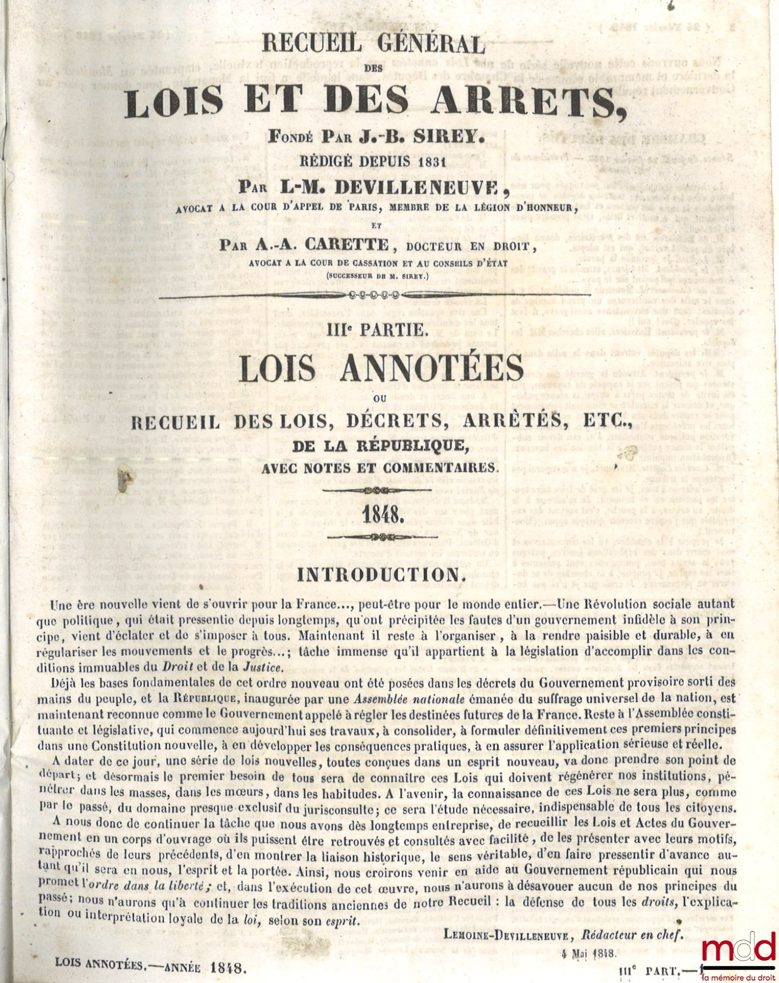 SIREY (Jean-Baptiste), DEVILLENEUVE (L.-M.) et CARETTE (A.-A.) – RECUEIL GÉNÉRAL DES LOIS ET DES ARRÊTS, IIIe partie : LOIS ANNOTÉES OU RECUEIL DES LOIS, DÉCRETS, ARRÊTÉS, ETC. DE LA RÉPUBLIQUE, AVEC NOTES ET COMMENTAIRES, [Années 1848 à 1852]