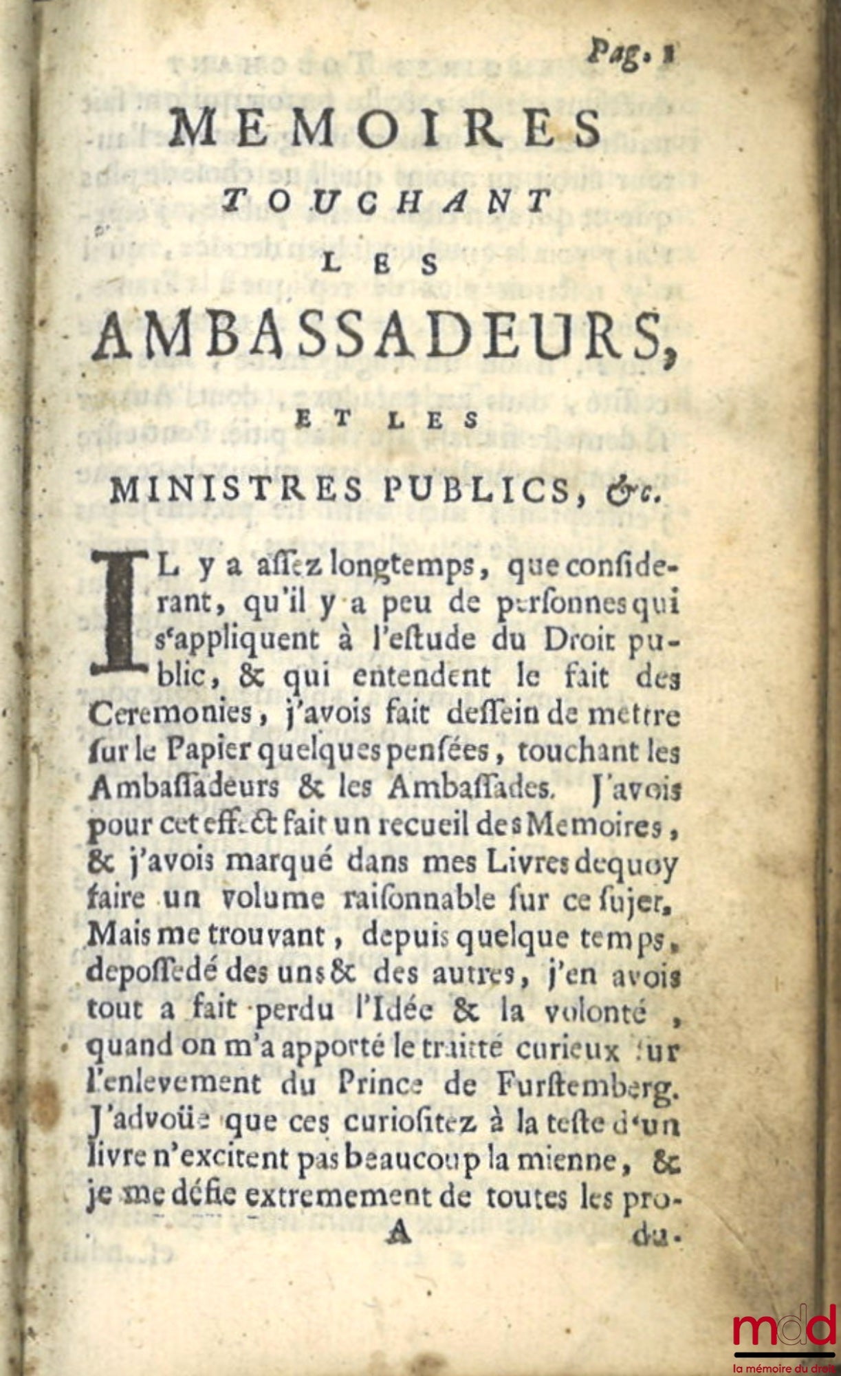 WICQUEFORT (le ministre prisonnier de) – MÉMOIRES TOUCHANT LES AMBASSADEURS ET LES MINISTRES PUBLICS