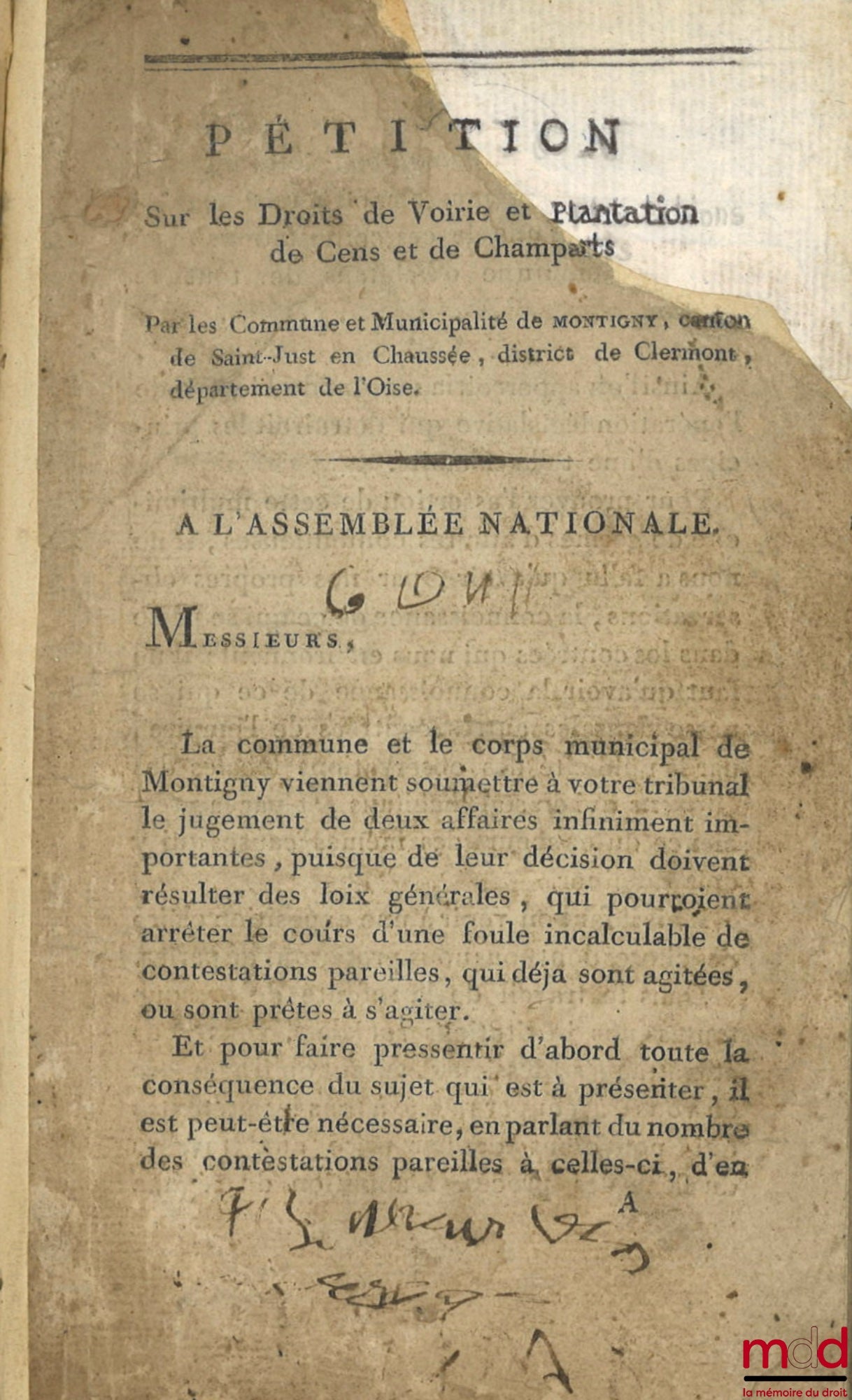 [Collectif] – Pétition sur les droits de voirie et de plantation, de cens et de champarts, par les commune et municipalité de Montigny, canton de Saint-Just en Chaussée, district de Clermont, département de l’Oise, à l'Assemblée nationale