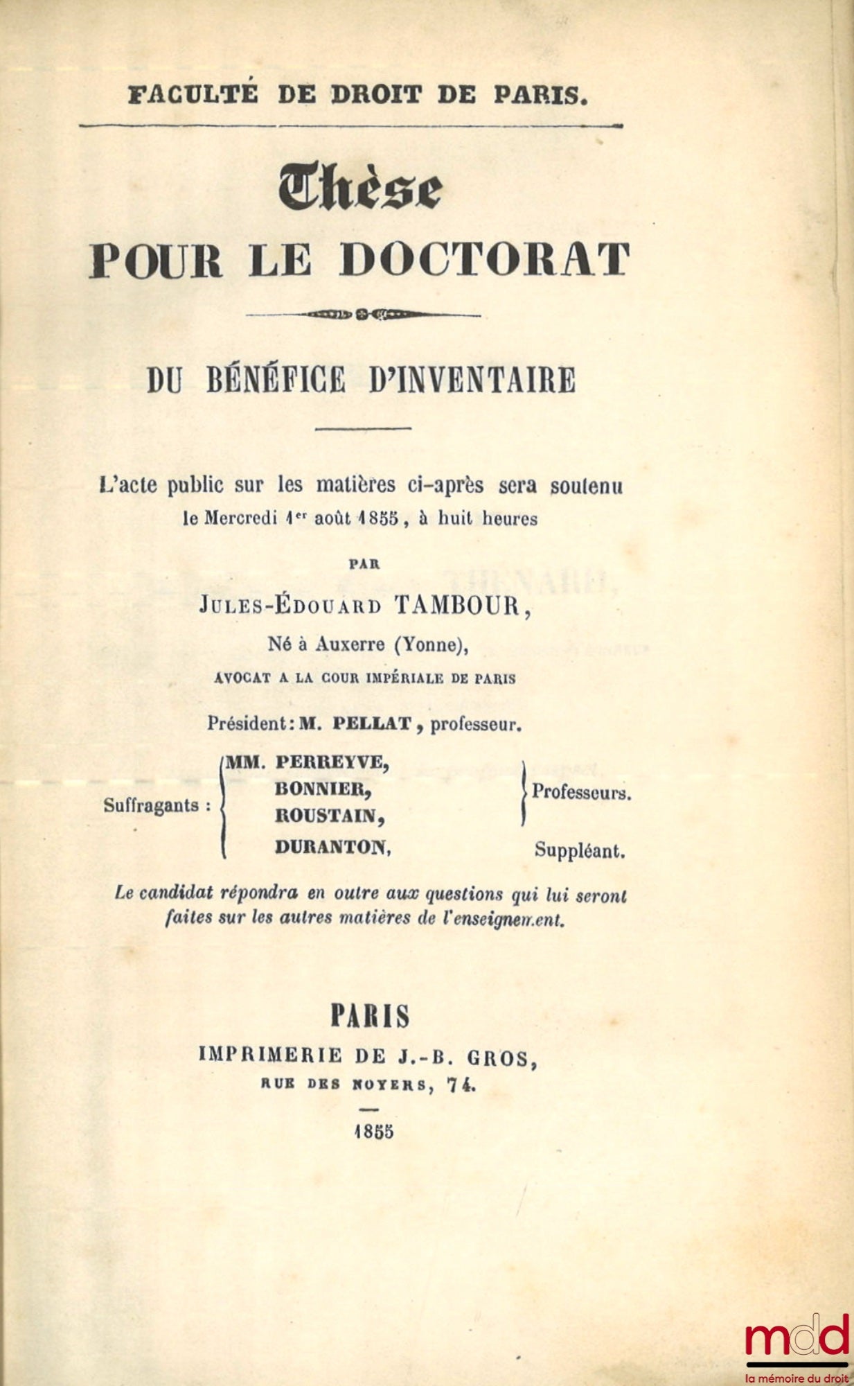 TAMBOUR (Jules) – DU BÉNÉFICE D’INVENTAIRE, Thèse, Faculté de droit de Paris
