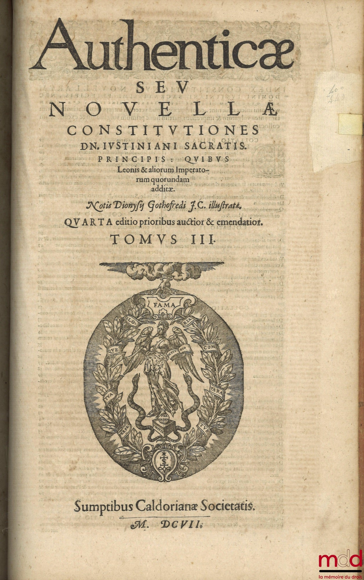 [Corpus juris civilis], GOTHOFREDUS (Dionysio) [GODEFROY (Denis)] – CORPUS JURIS CIVILIS, In quinque partes distinctum in quarum prima continentur, Indices omnium Juris Titulorum. Institutionum Libri IV. Digestorum seu Pandectarum Libri L. Quæ reliquis in