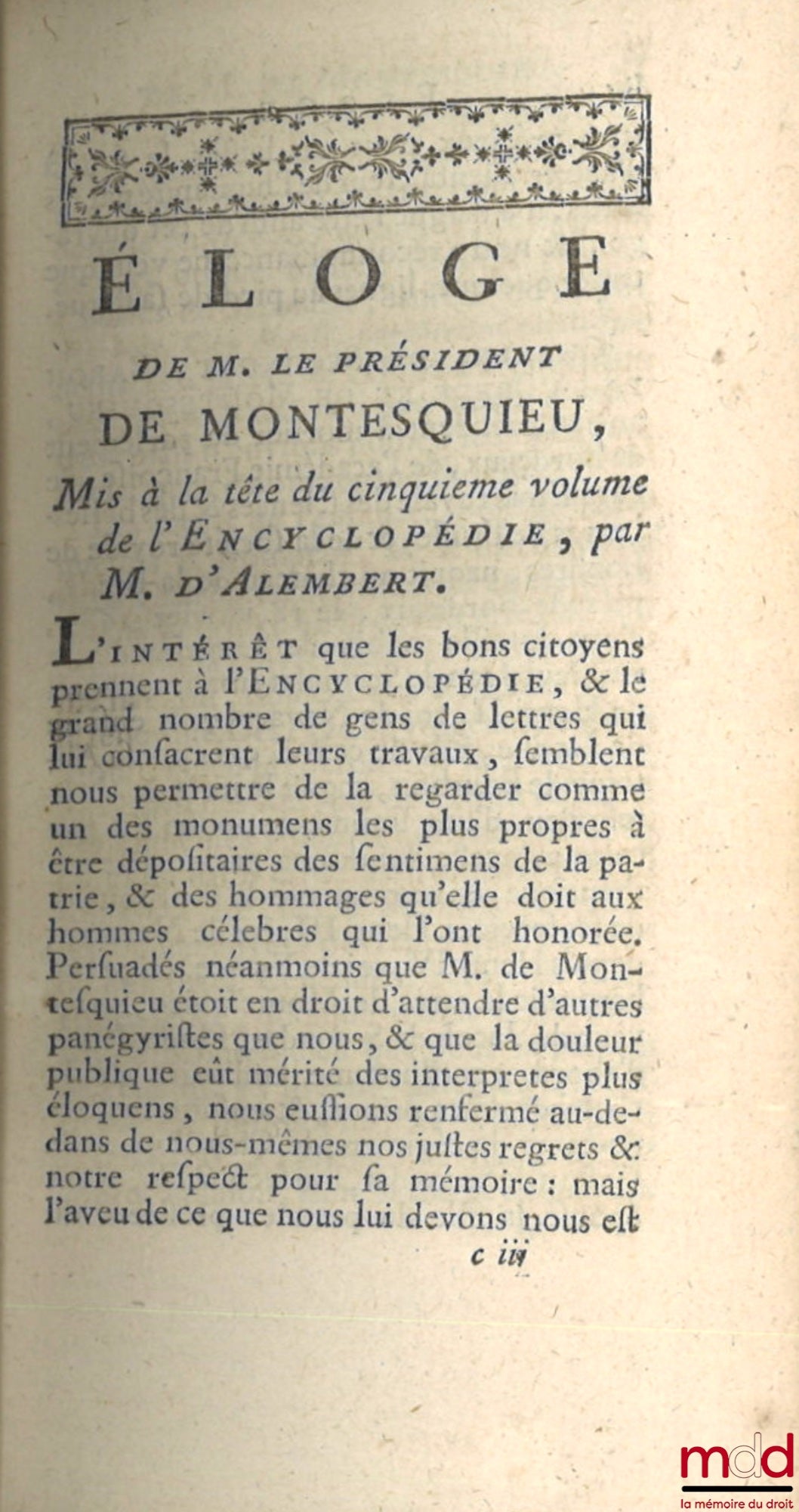 MONTESQUIEU (Charles de Secondat, baron de) – ŒUVRES DE MONSIEUR DE MONTESQUIEU. Nouvelle édition, Revue, corrigée et augmentée de plusieurs pièces qui n’avoient pas paru jusqu’à présent. - L’ÉLOGE DE L’AUTEUR, & L’ANALYSE DE L’ESPRIT DES LOIS, Par M. D’A
