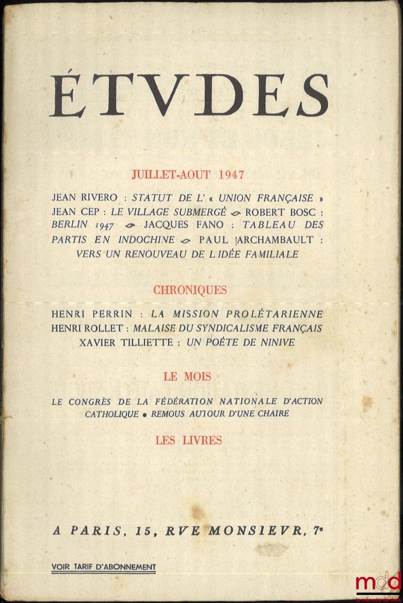 RIVERO (Jean) – STATUT DE L’ « L’UNION FRANÇAISE », Études, 80e année, t. 254, Juillet-Août-Septembre 1947