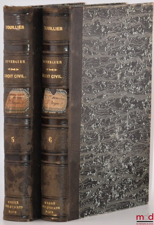 TOULLIER (C.-B.-M.), DUVERGIER (J.-B.) – LE DROIT CIVIL FRANÇAIS SUIVANT L’ORDRE DU CODE, Ouvrage dans lequel on a taché de réunir la théorie à la pratique, Continué et complété par Duvergier, 6e éd., Comprenant : 1° Le texte des 14 volumes de M. Toullier