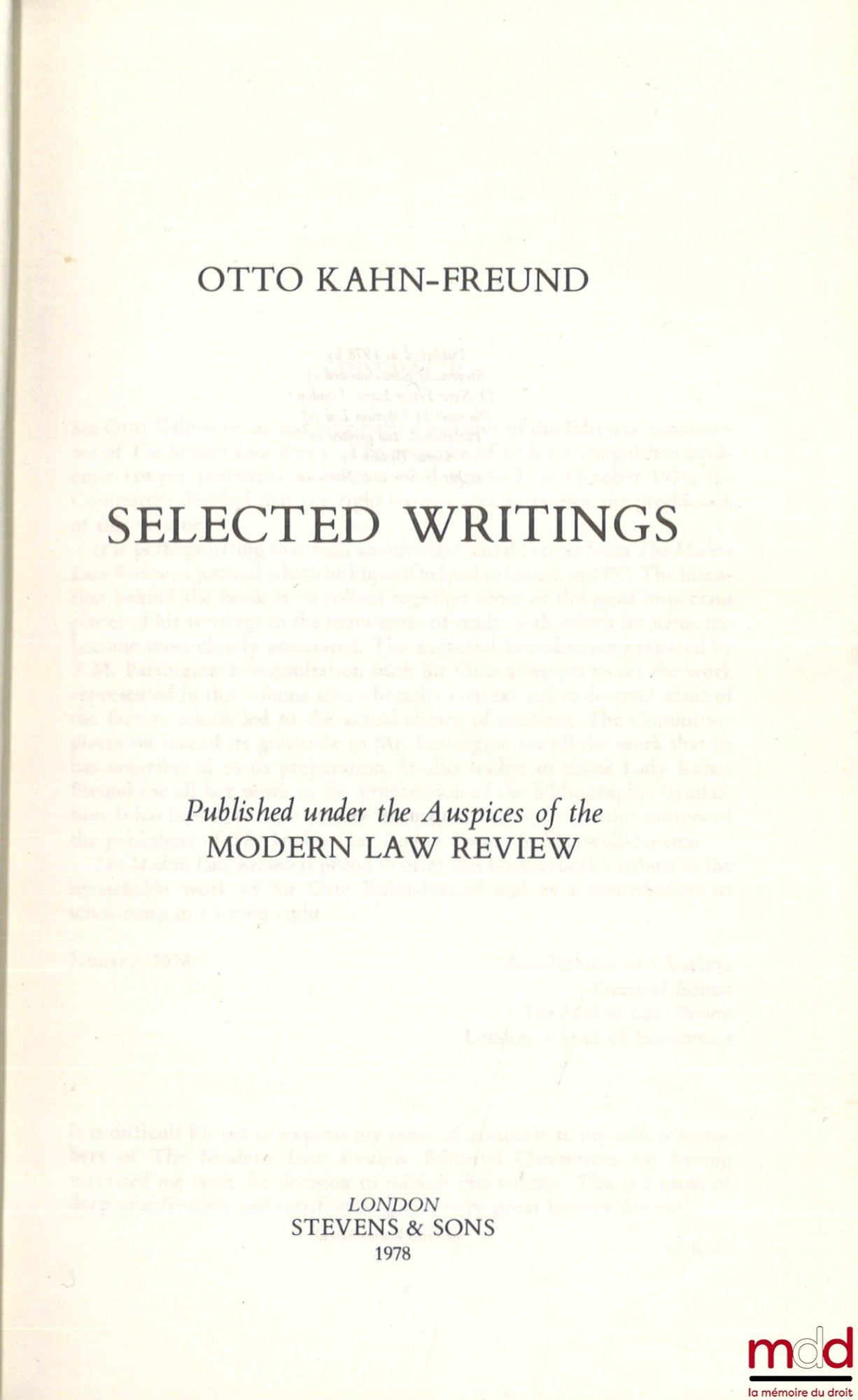 KAHN-FREUND (Otto) – SELECTED WRITINGS