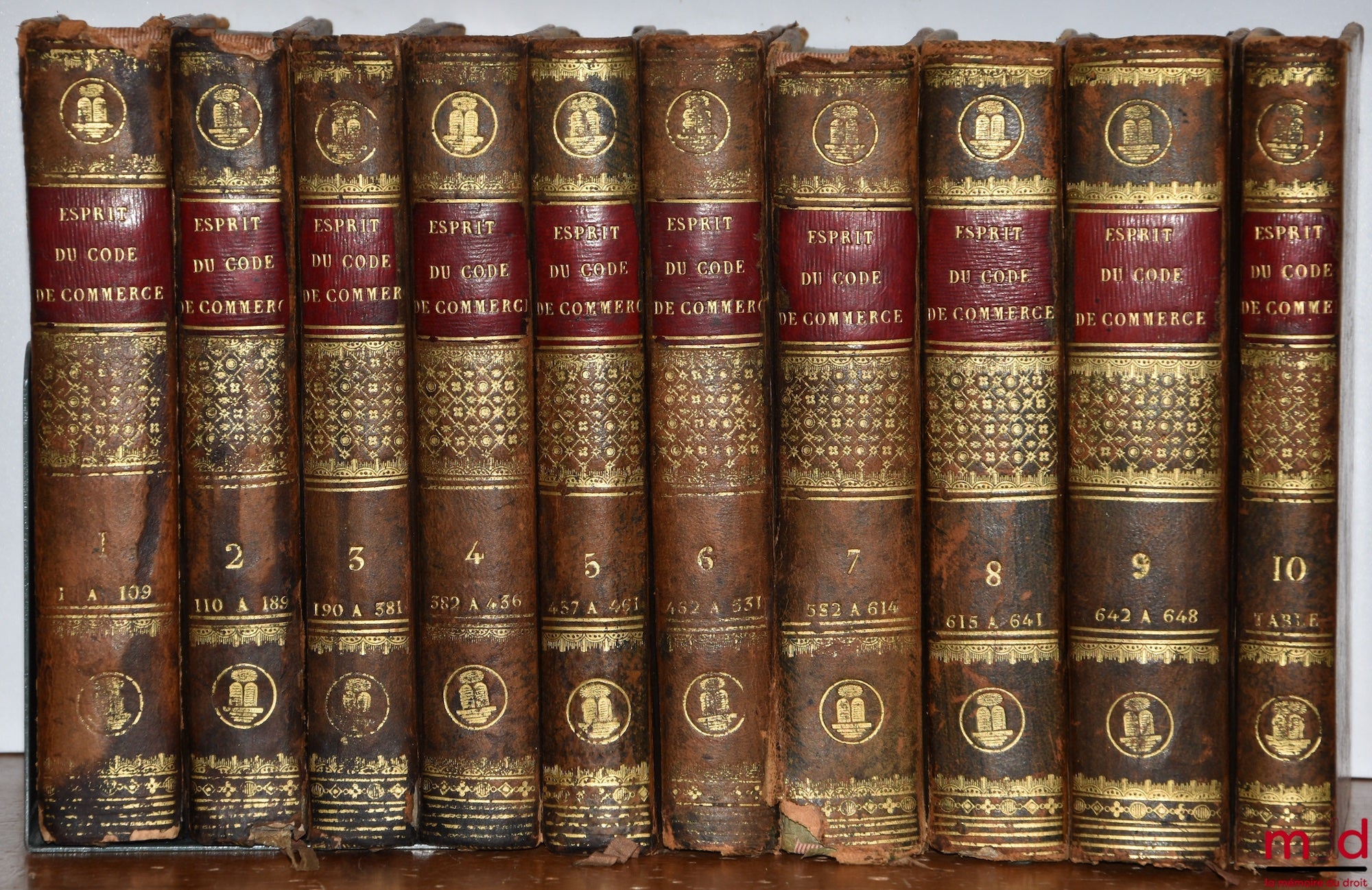 LOCRÉ (M. le baron) – ESPRIT DU CODE DE COMMERCE OU COMMENTAIRE puisé dans les Procès-verbaux du Conseil d’État, les Exposés de motifs et discours, les Observations du Tribunat, celles des Cours d’appel, Tribunaux et Chambre de Commerce, etc. et COMPLÉMEN