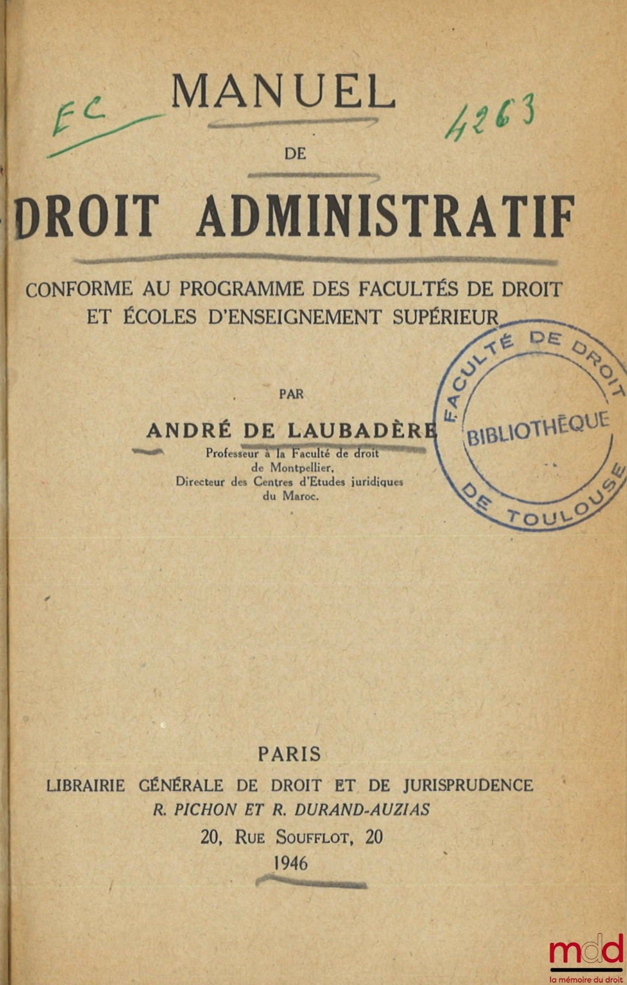 LAUBADÈRE (André de) – MANUEL DE DROIT ADMINISTRATIF