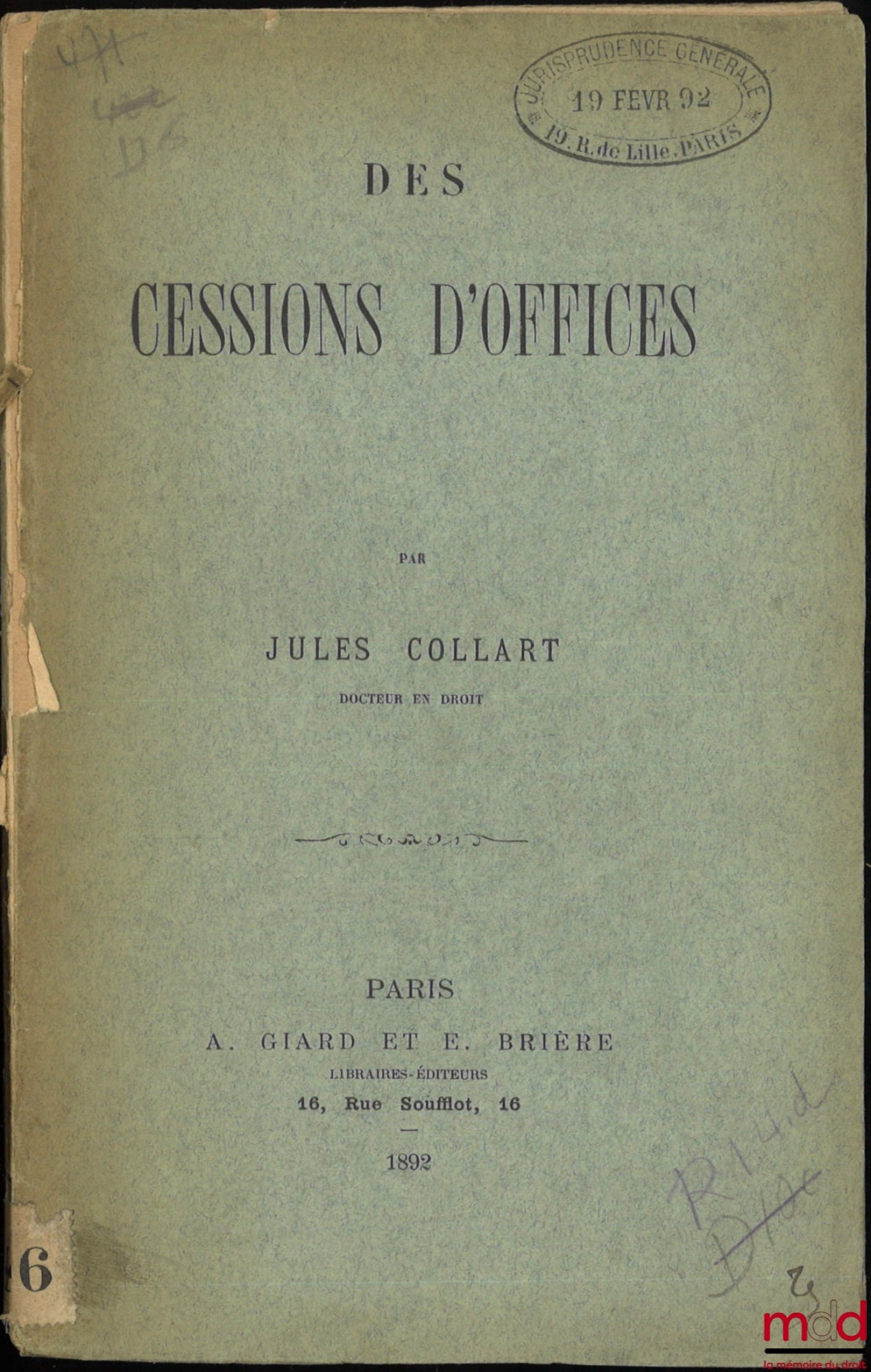 COLLART (Jules) – DES CESSIONS D’OFFICES